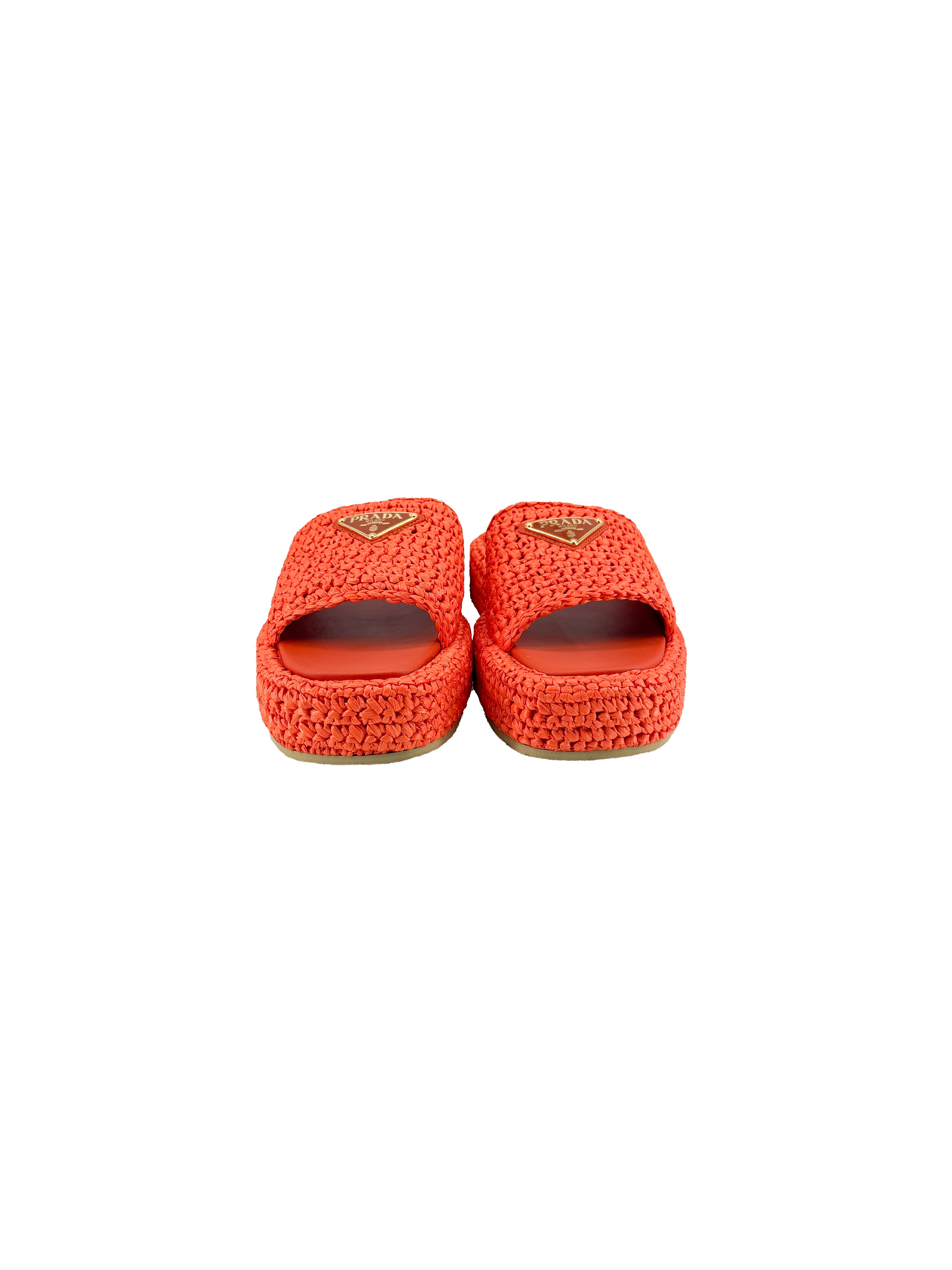 Prada orange Raffia slides size 38 BOX NEW