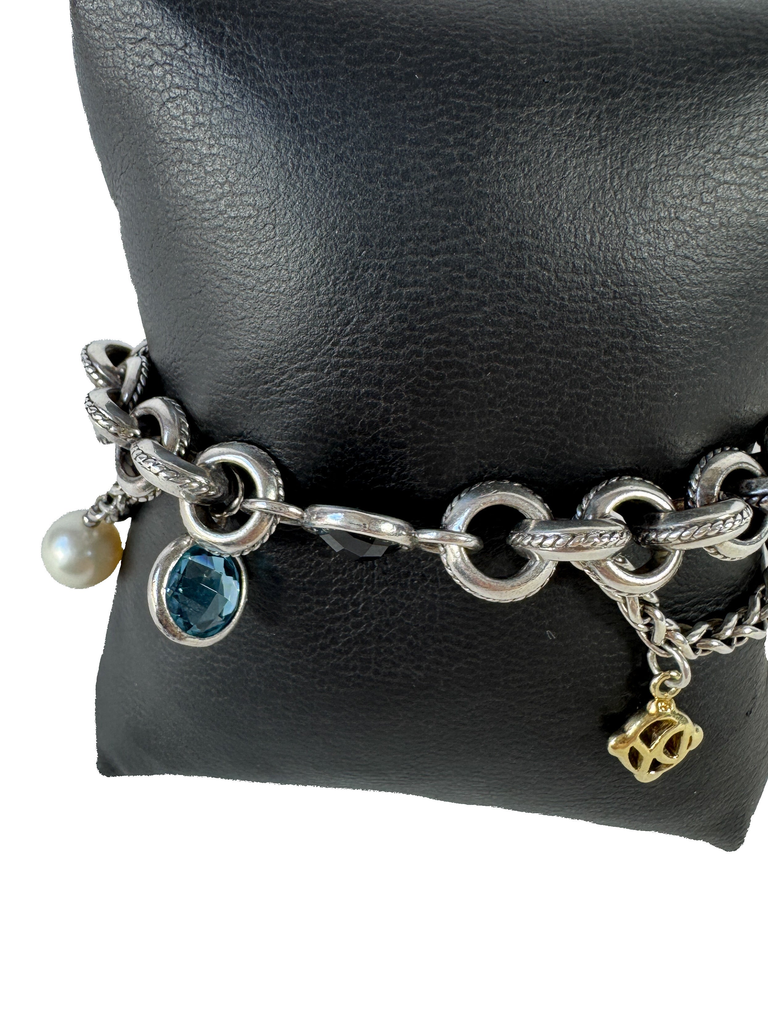 David Yurman sterling silver, pearl, blue topaz, 18k gold Old World charm bracelet
