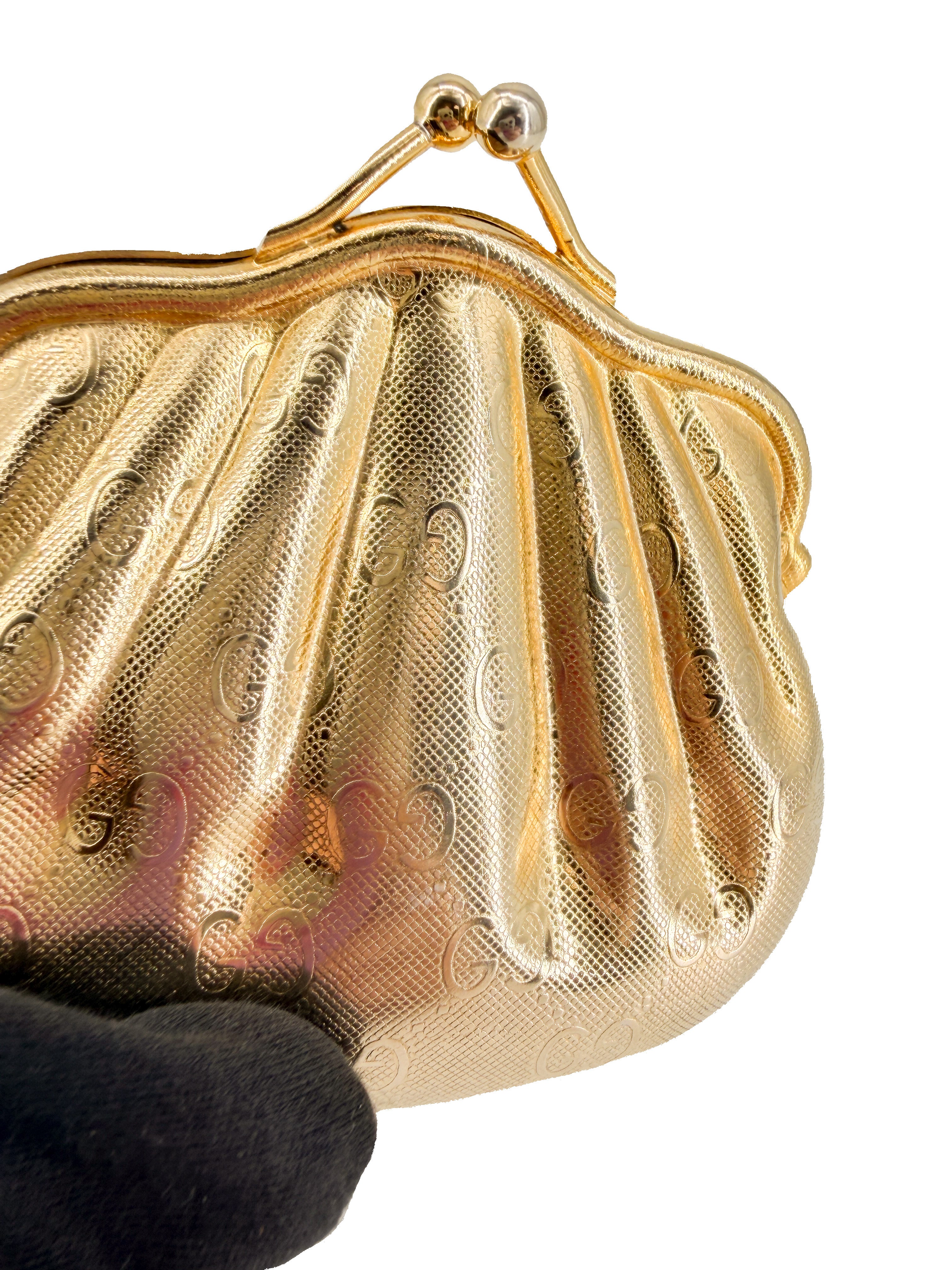 Gucci gold metal minaudiere shell bag vintage
