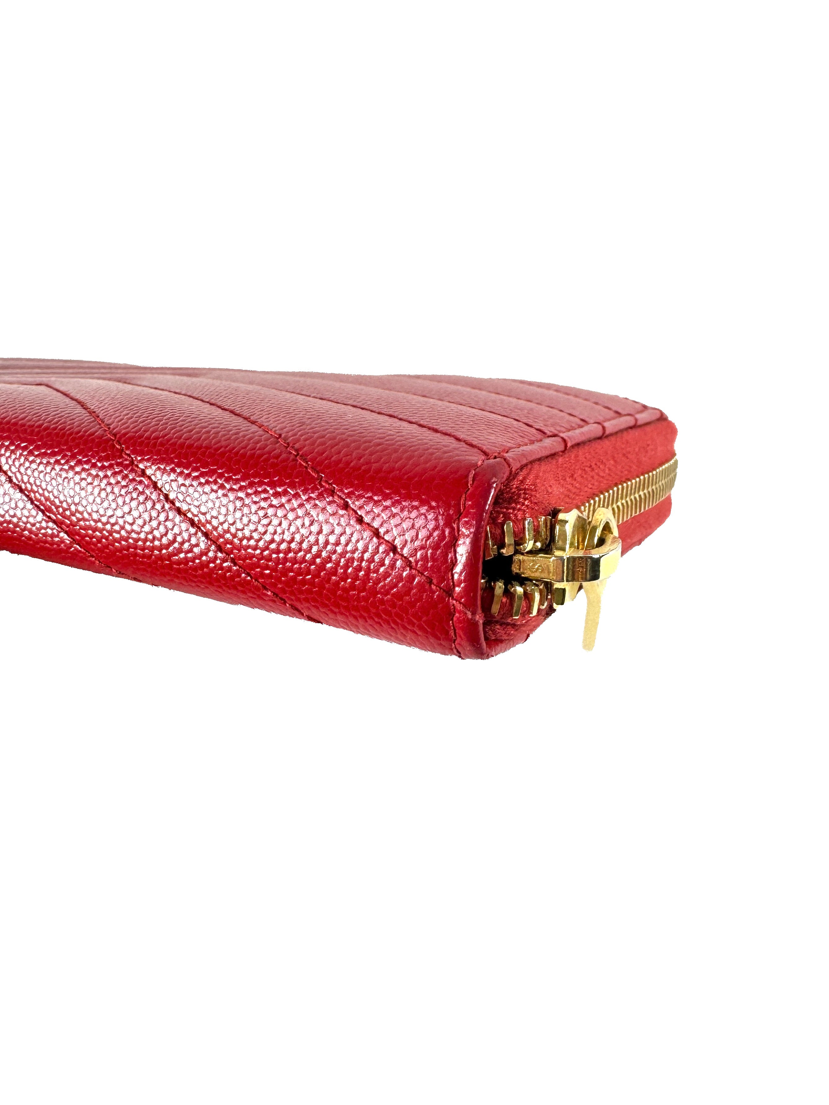 Saint Laurent red grain de poudre matelasse chevon monogram zip around wallet INN3580941118