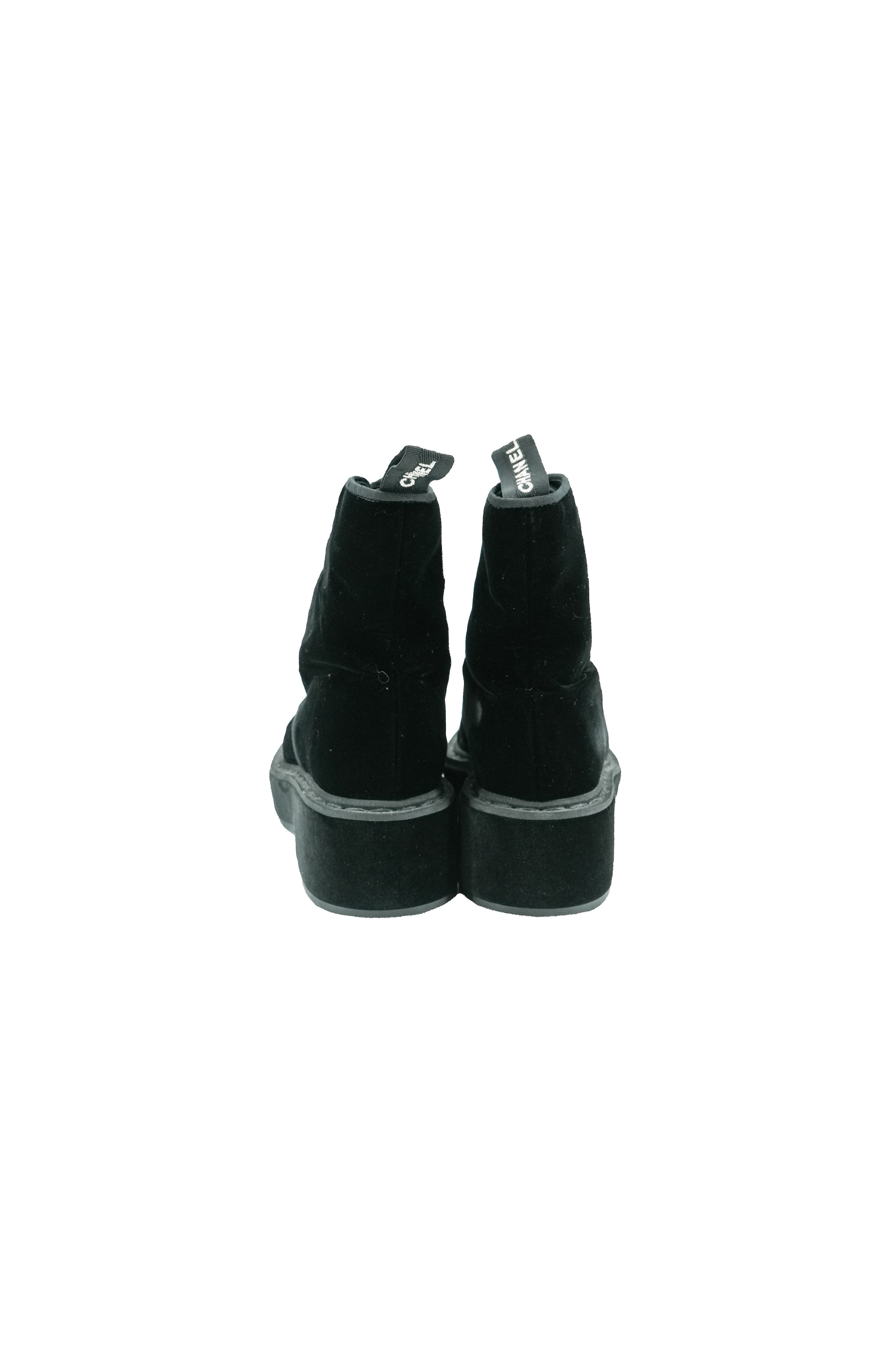 Chanel black velvet platform combag boots size 35