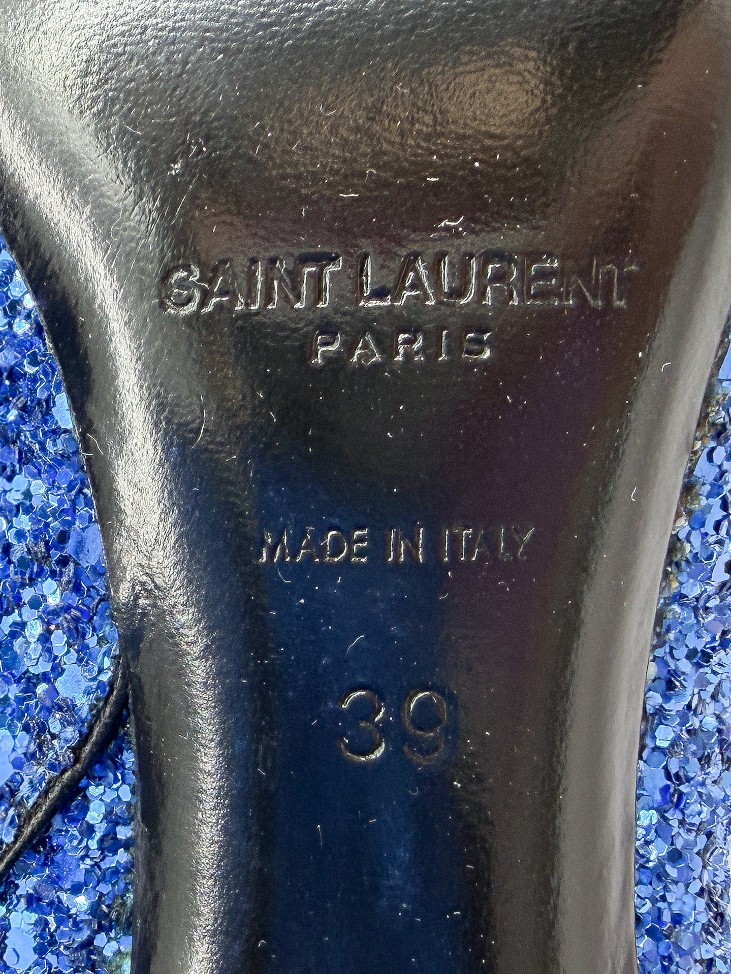 Saint Laurent blue glitter heeled Lou boots size 39/39.5
