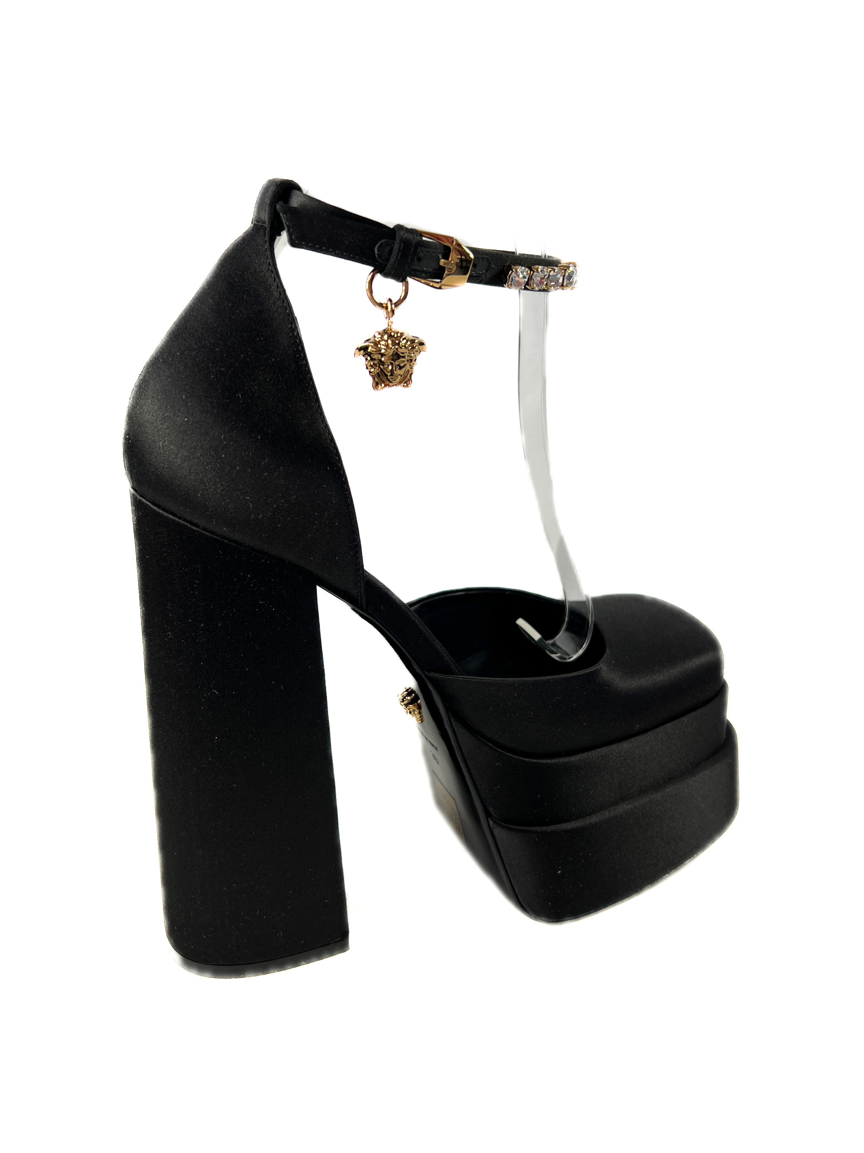 Versace Medusa Aevitas black embellished satin platform pumps size 38 NEW BOX