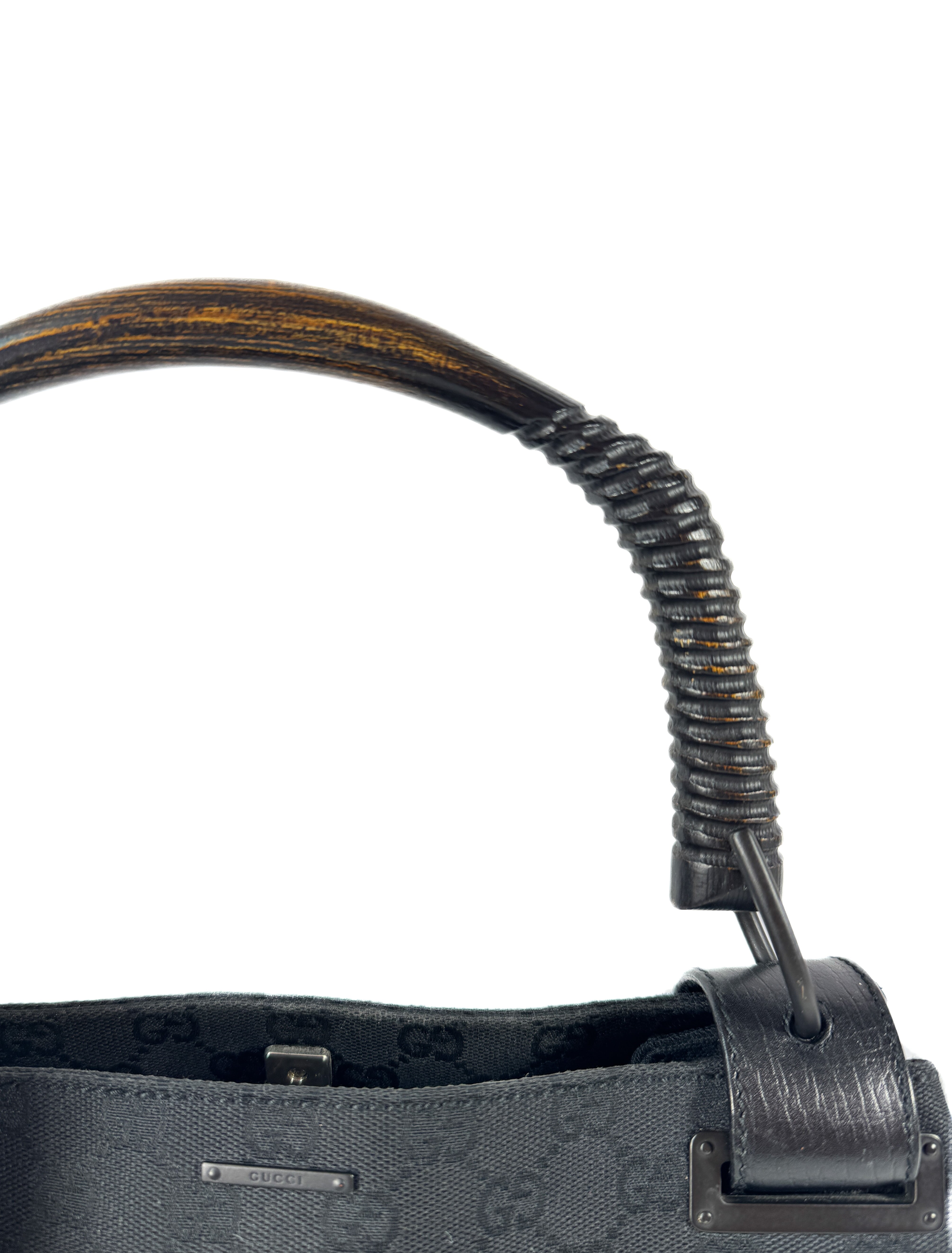 Gucci black leather GG wooden handle bag 112684 3444