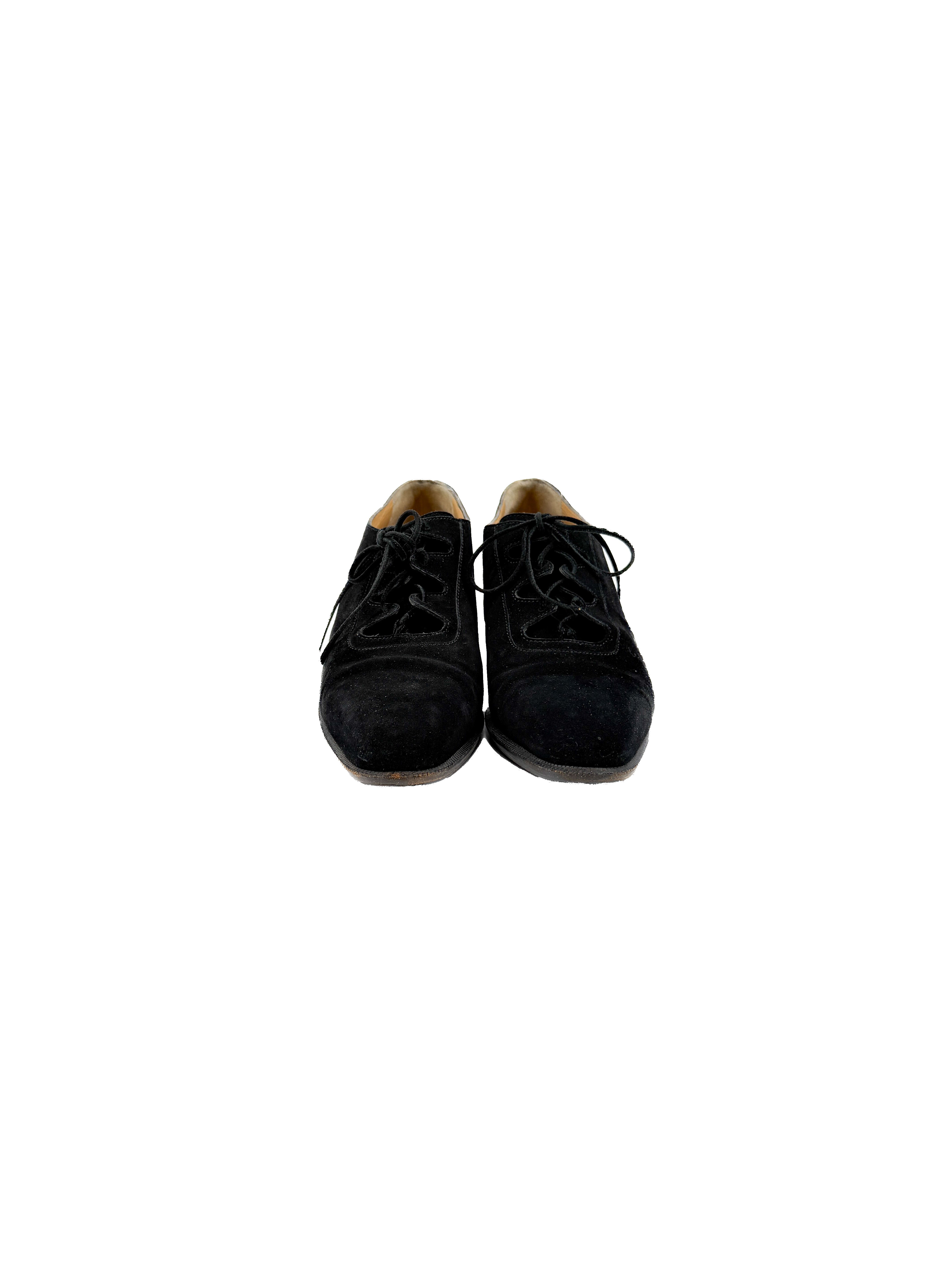Hermès black suede vintage lace up kitten heels size 36