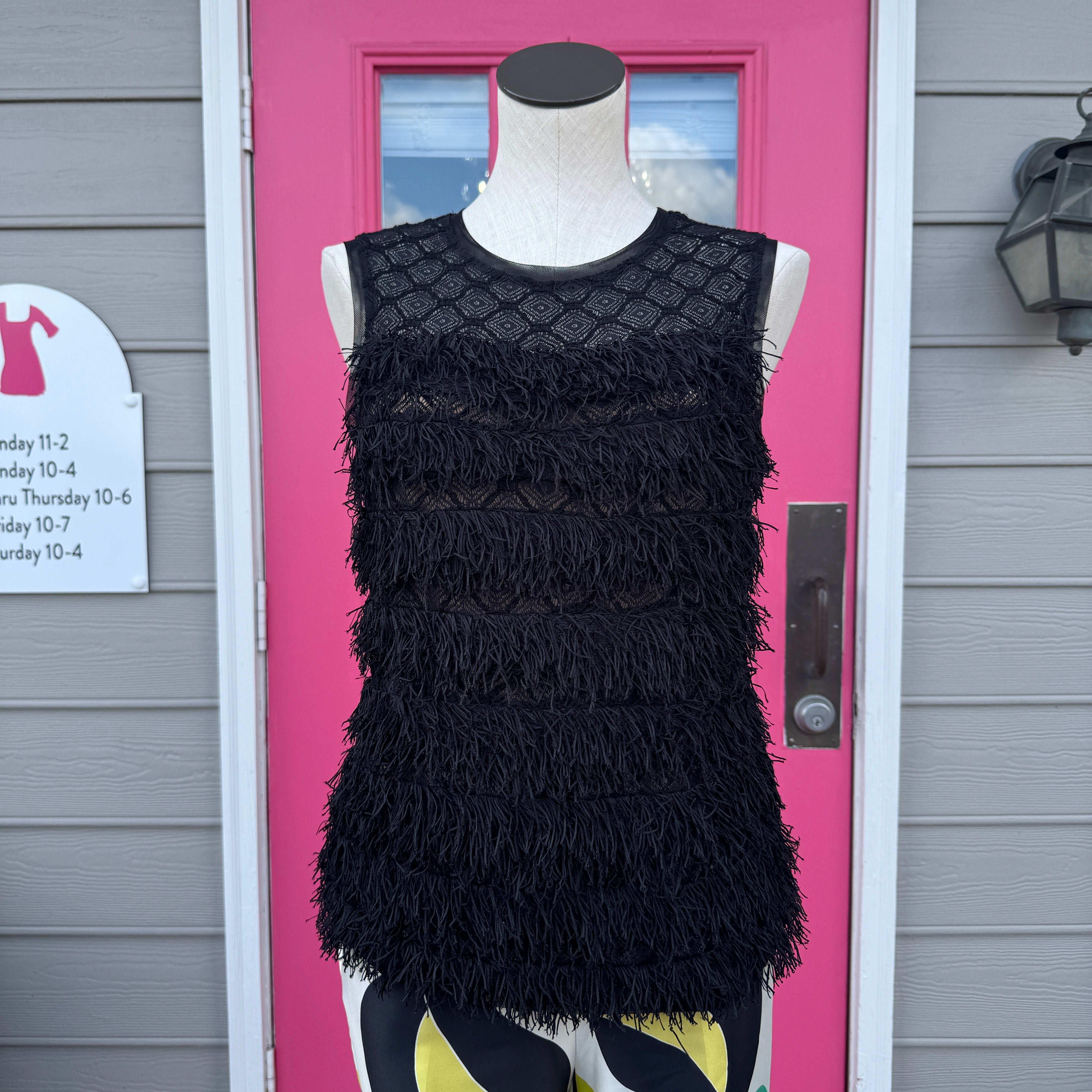 BCBG Maxazria black fringe lace tank size S