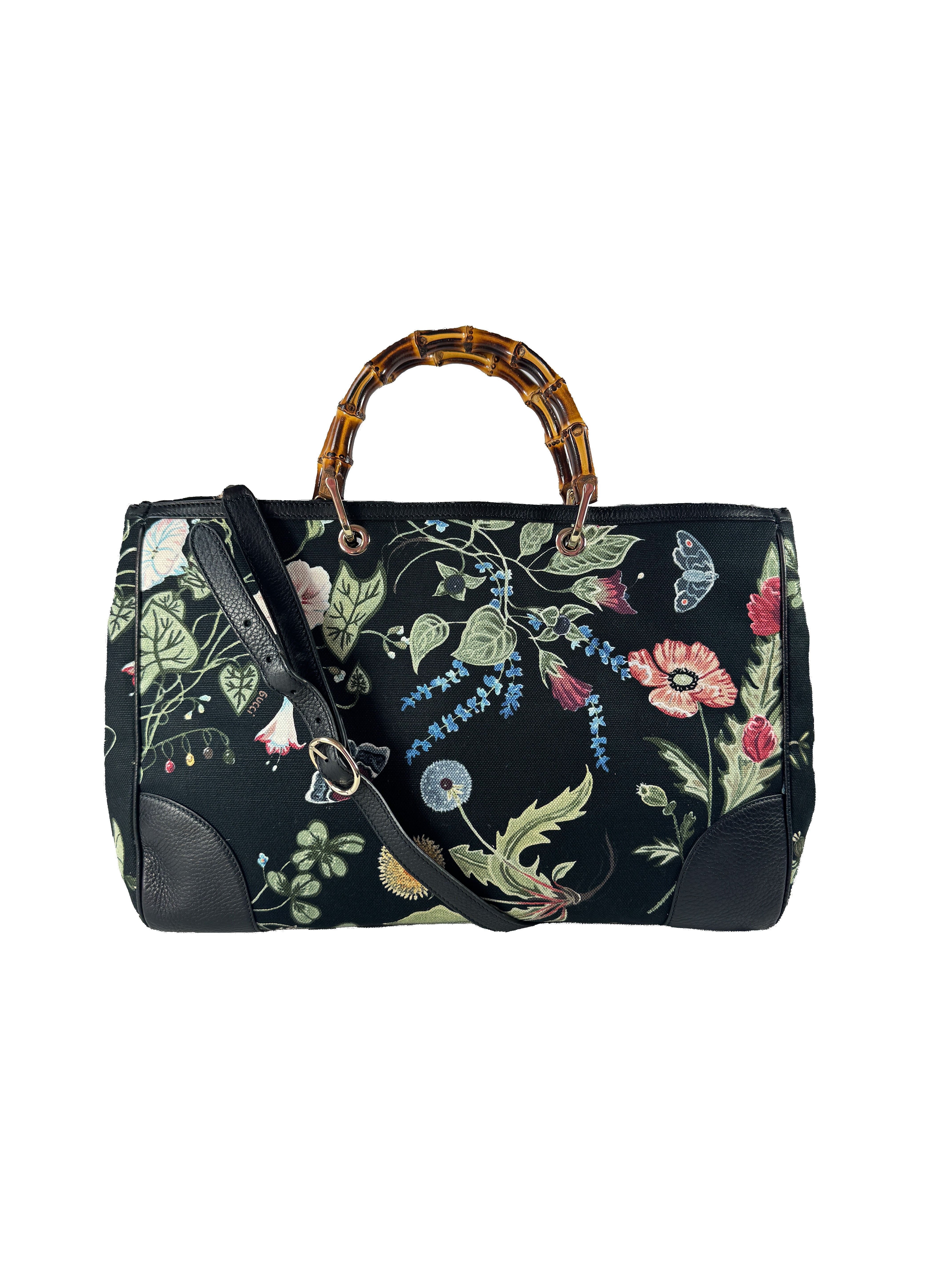 Gucci black floral knight bamboo handle shopper large 323658486628