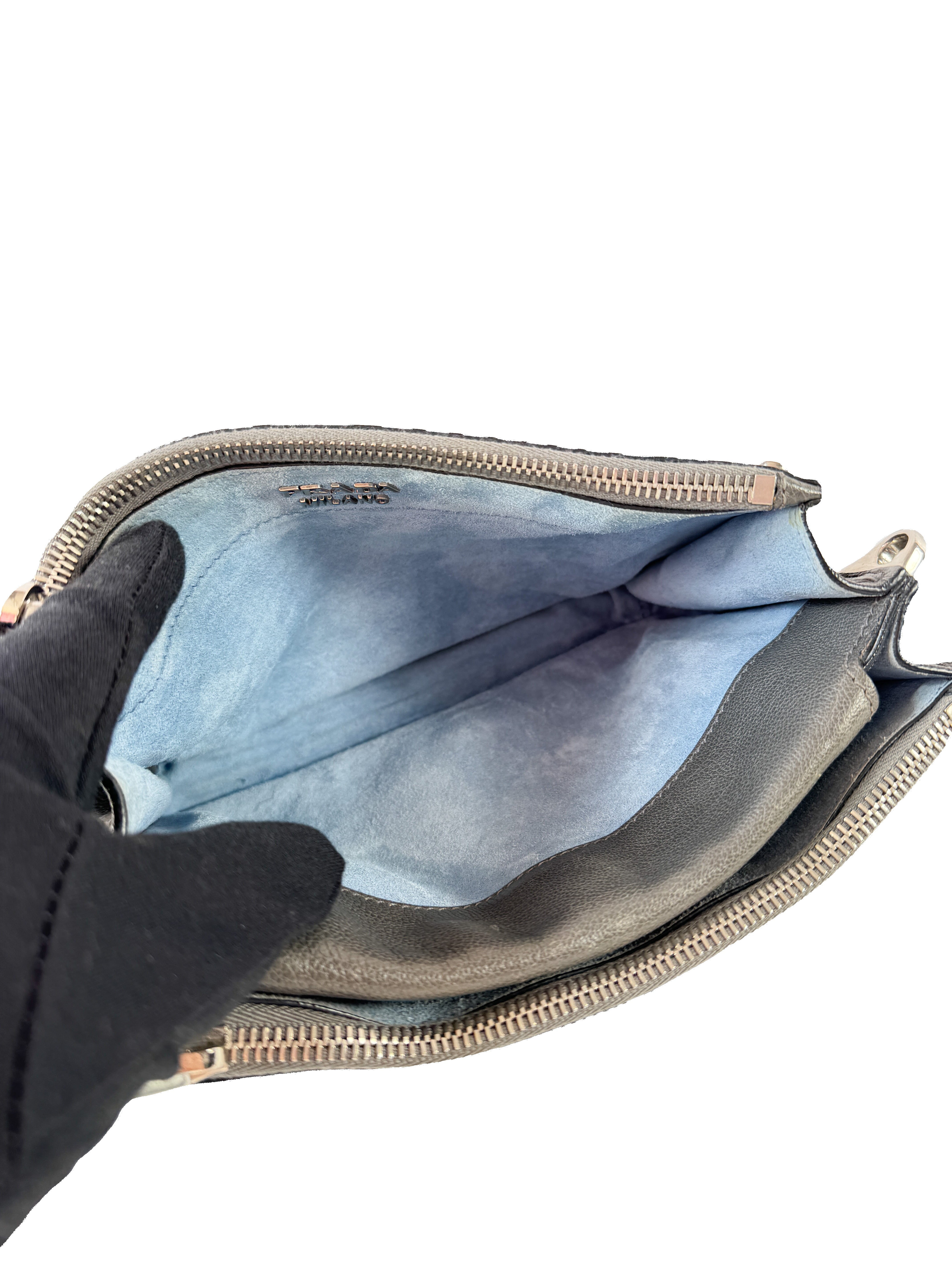 Prada gray leather studded Etiquette crossbody bag