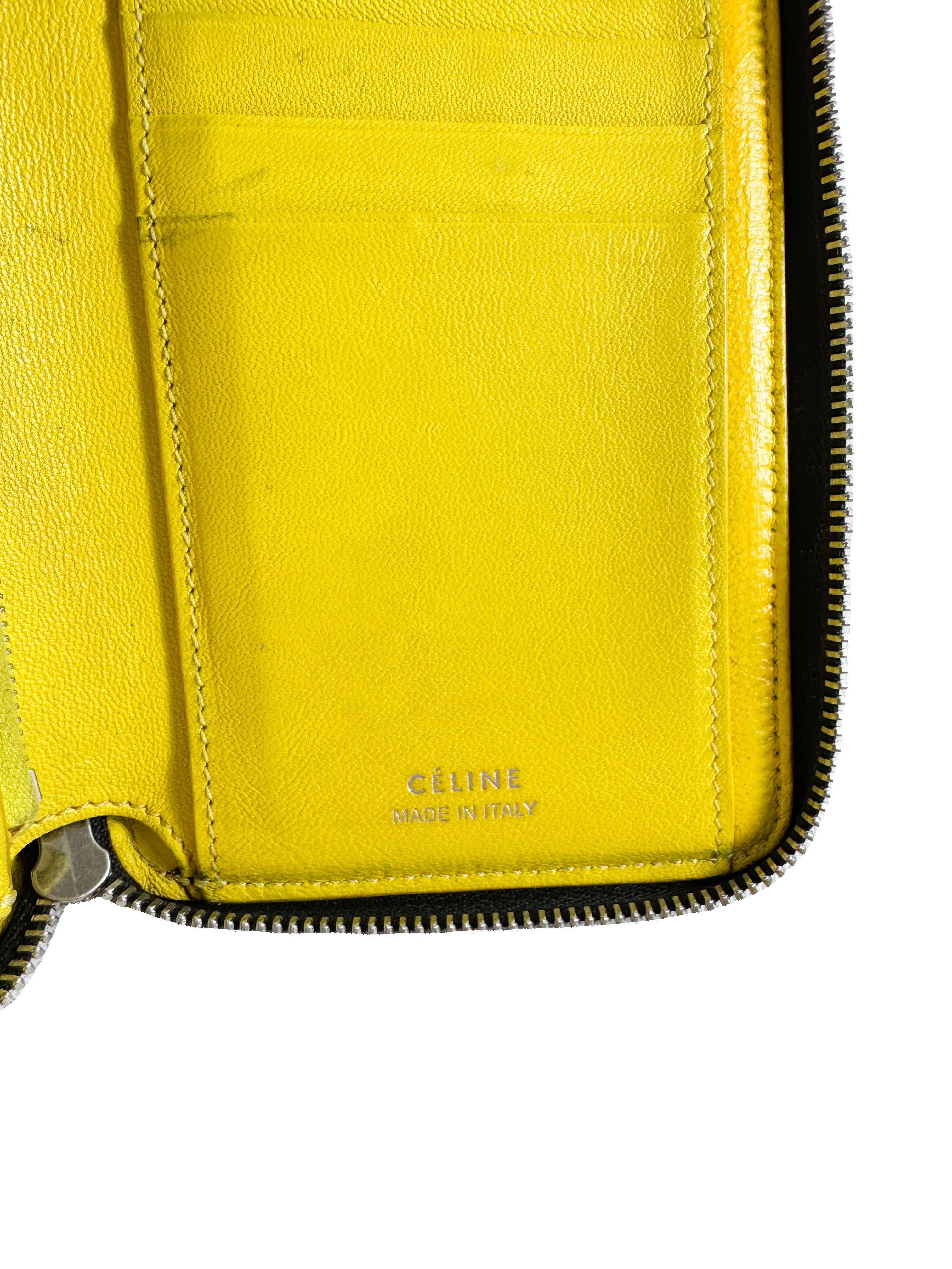 Celine black/yellow leather small zip around wallet