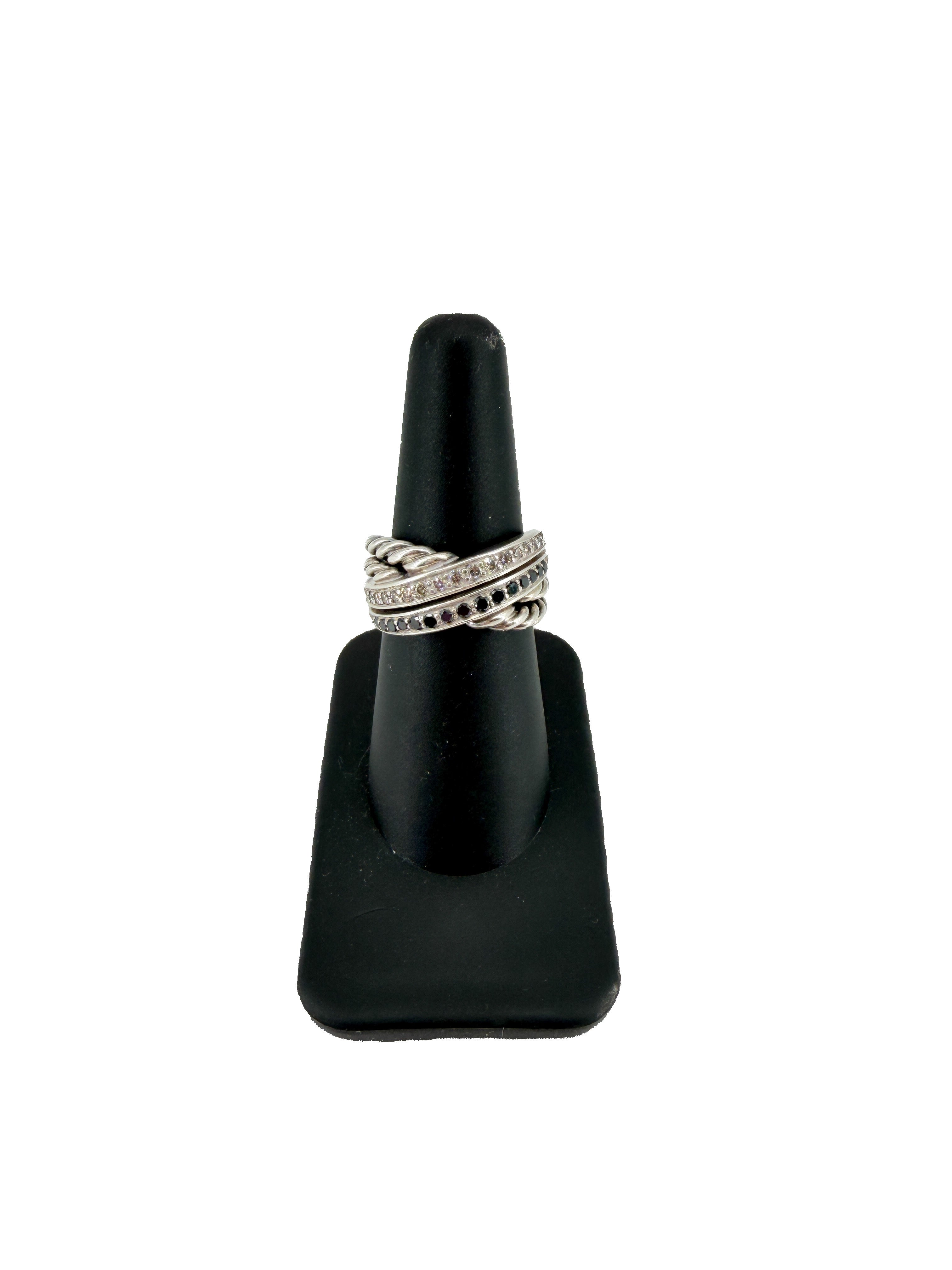 David Yurman sterling silver, black diamonds, diamond crossover ring