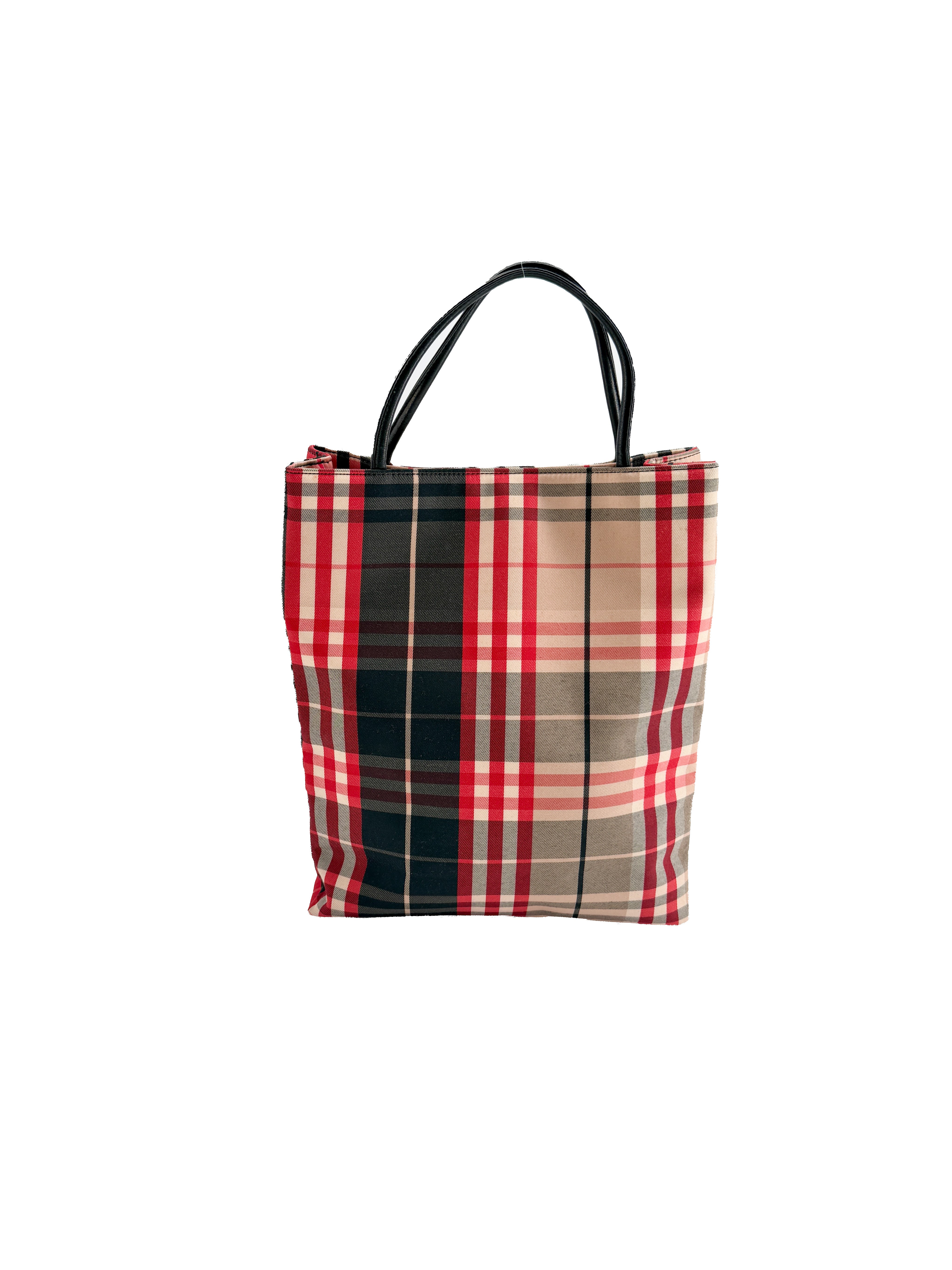 Burberry red, beige, black plaid canvas tote