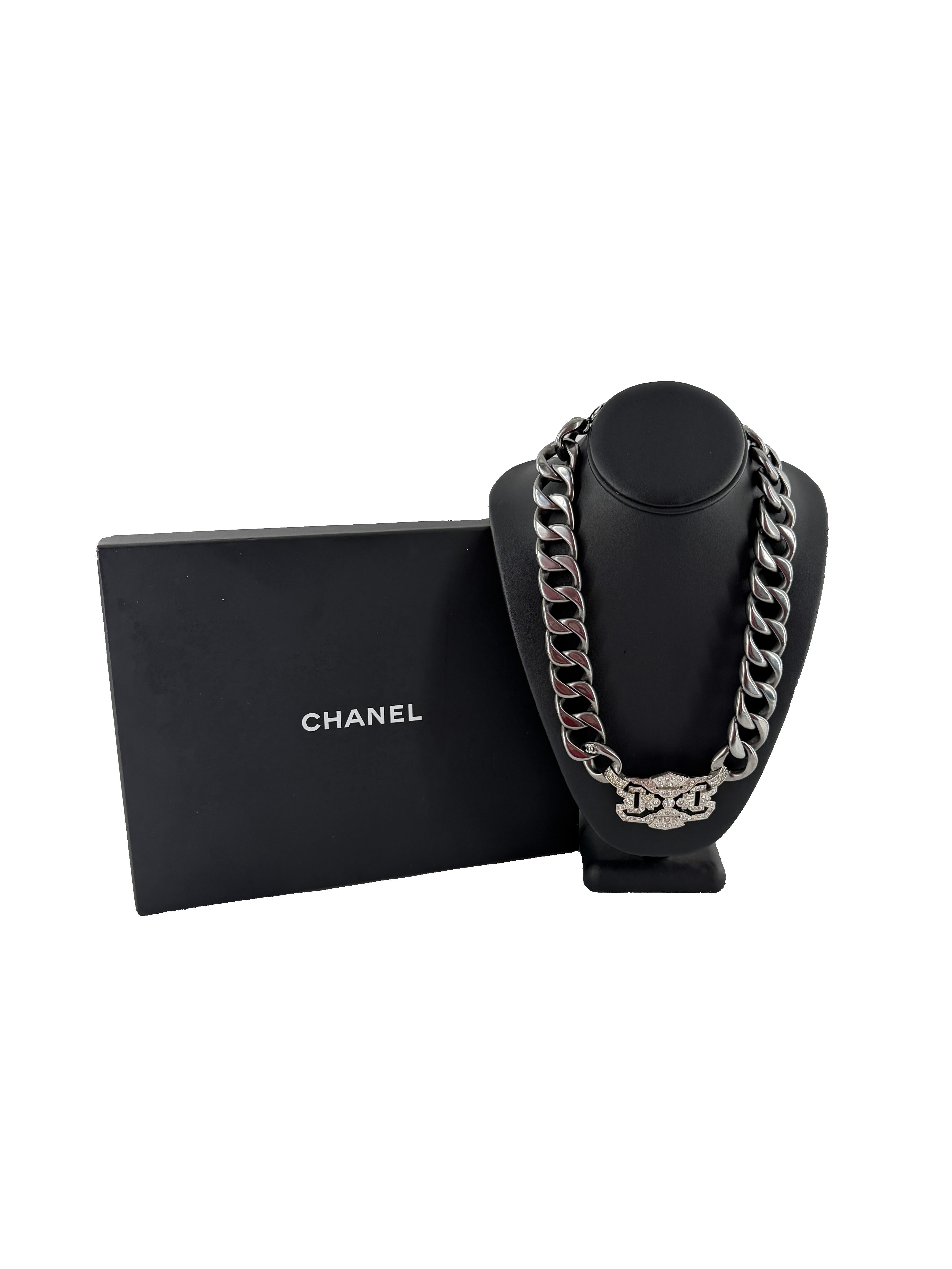 Chanel metal crystal CC chain choker necklace ruthenium B14C