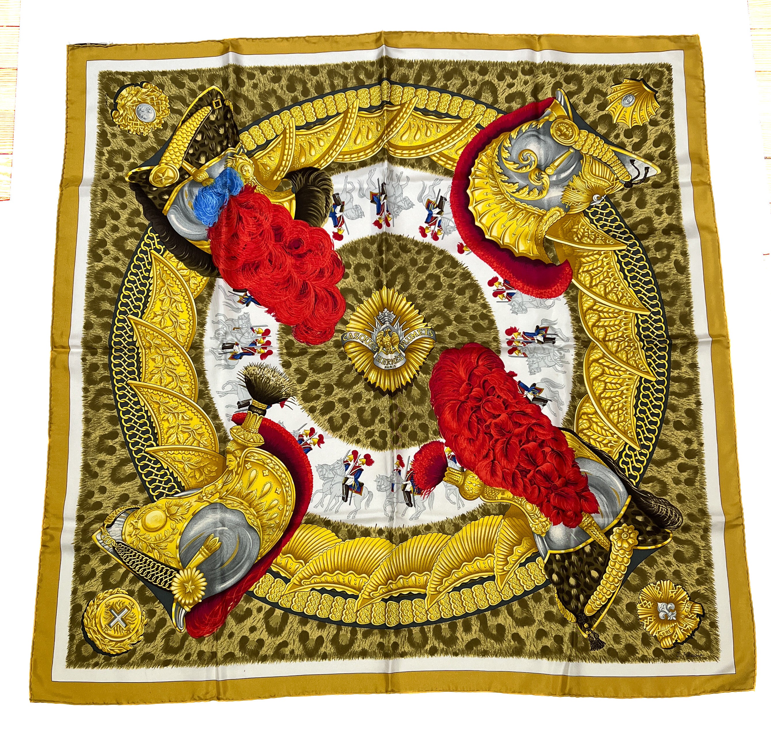 Hermes gold cream red silk Casques et Plummets 90cm scarf