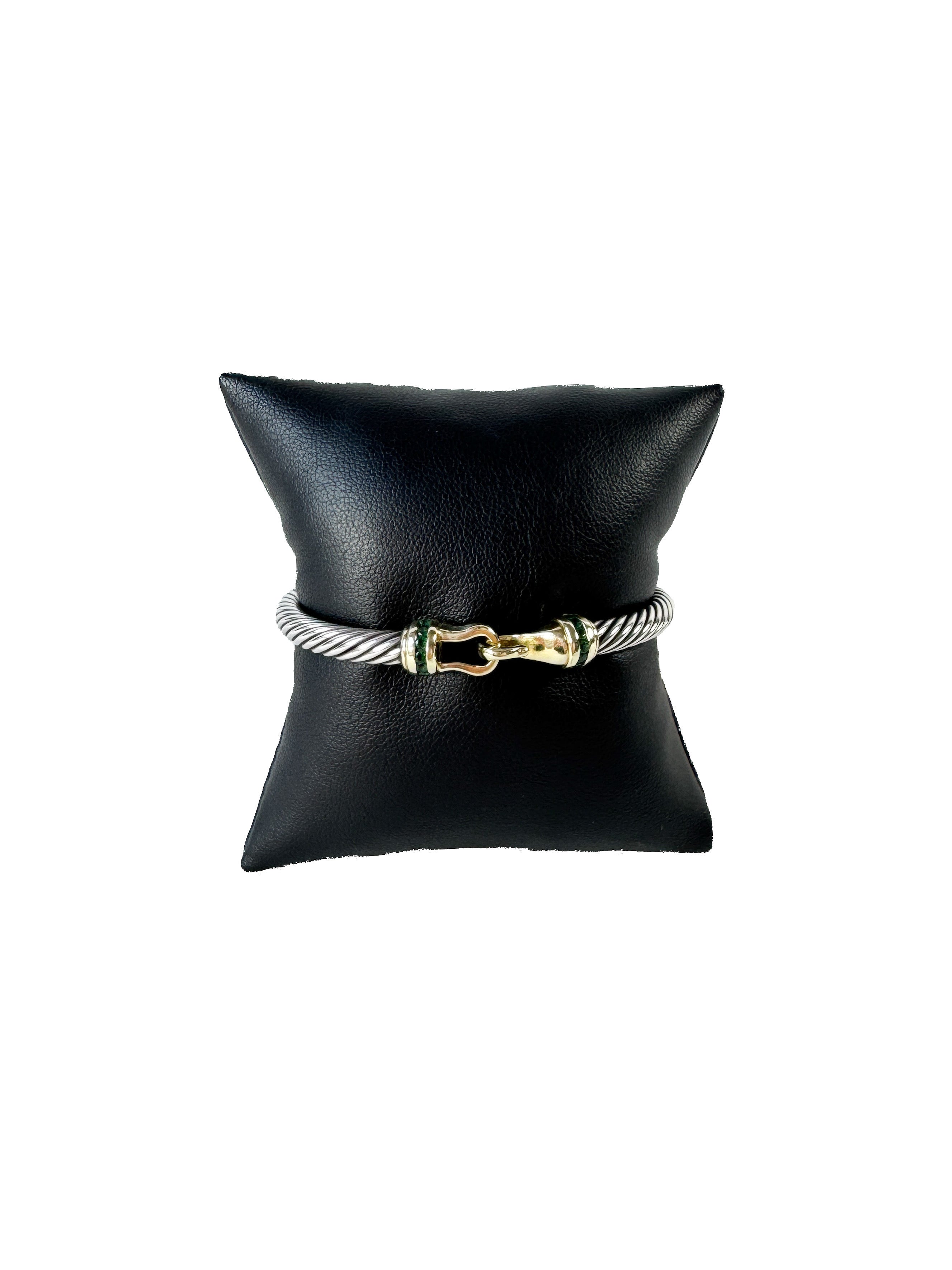 David Yurman sterling silver, yellow gold, emerald 5mm cable buckle bracelet