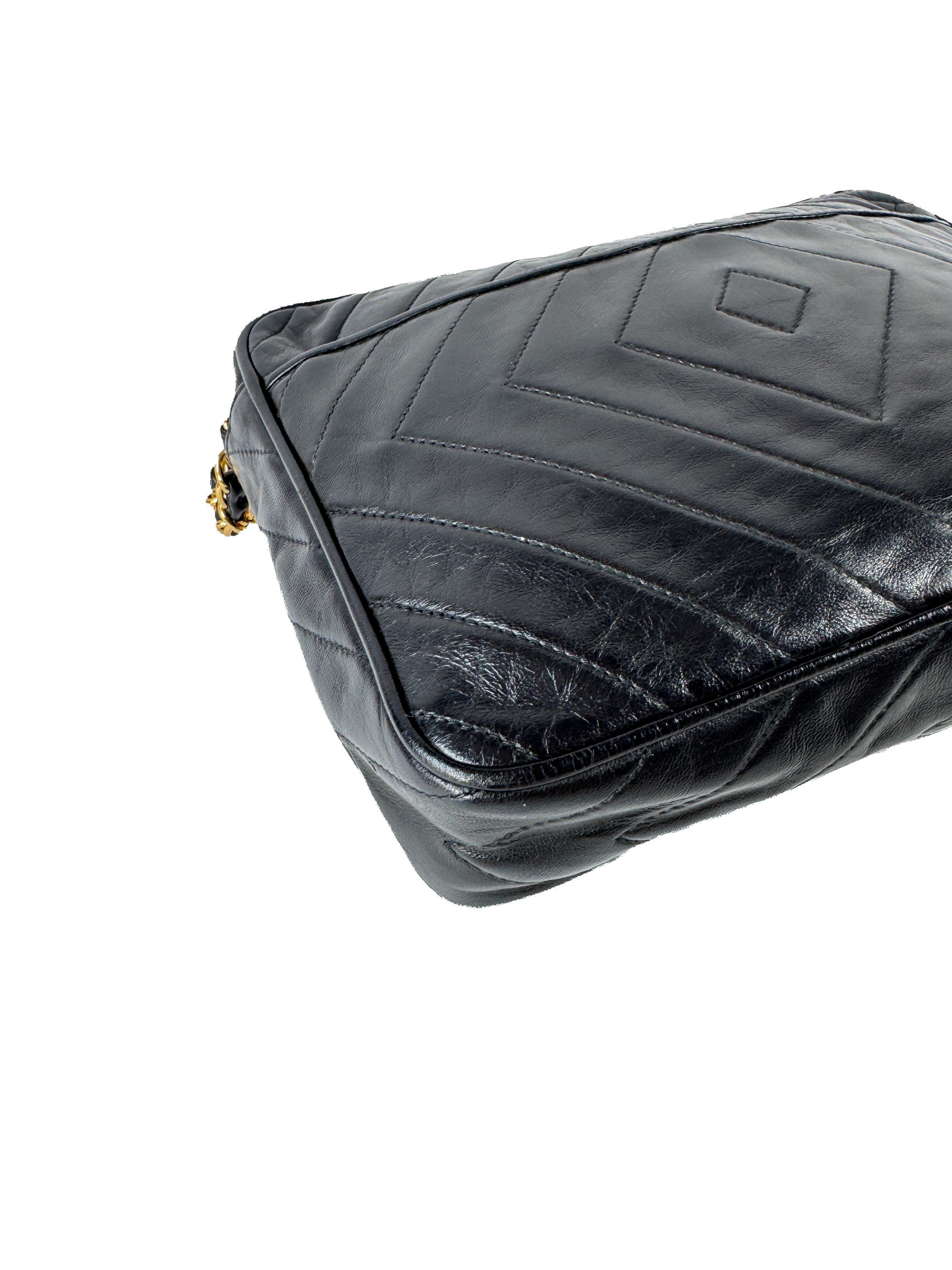 Chanel black leather chevon CC camera crossbody 1989746
