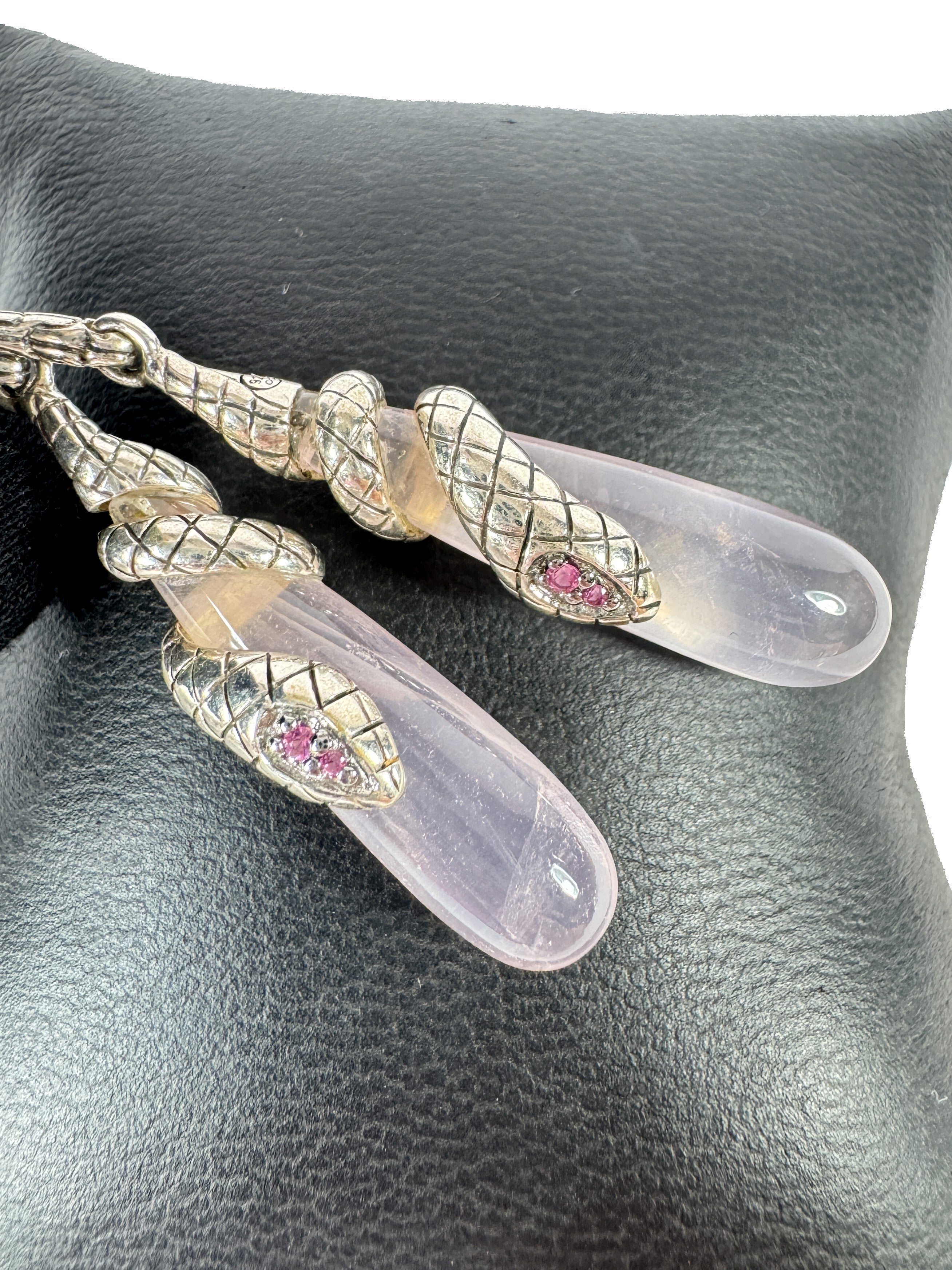 John Hardy sterling silver rose quartz snake dangle earrings