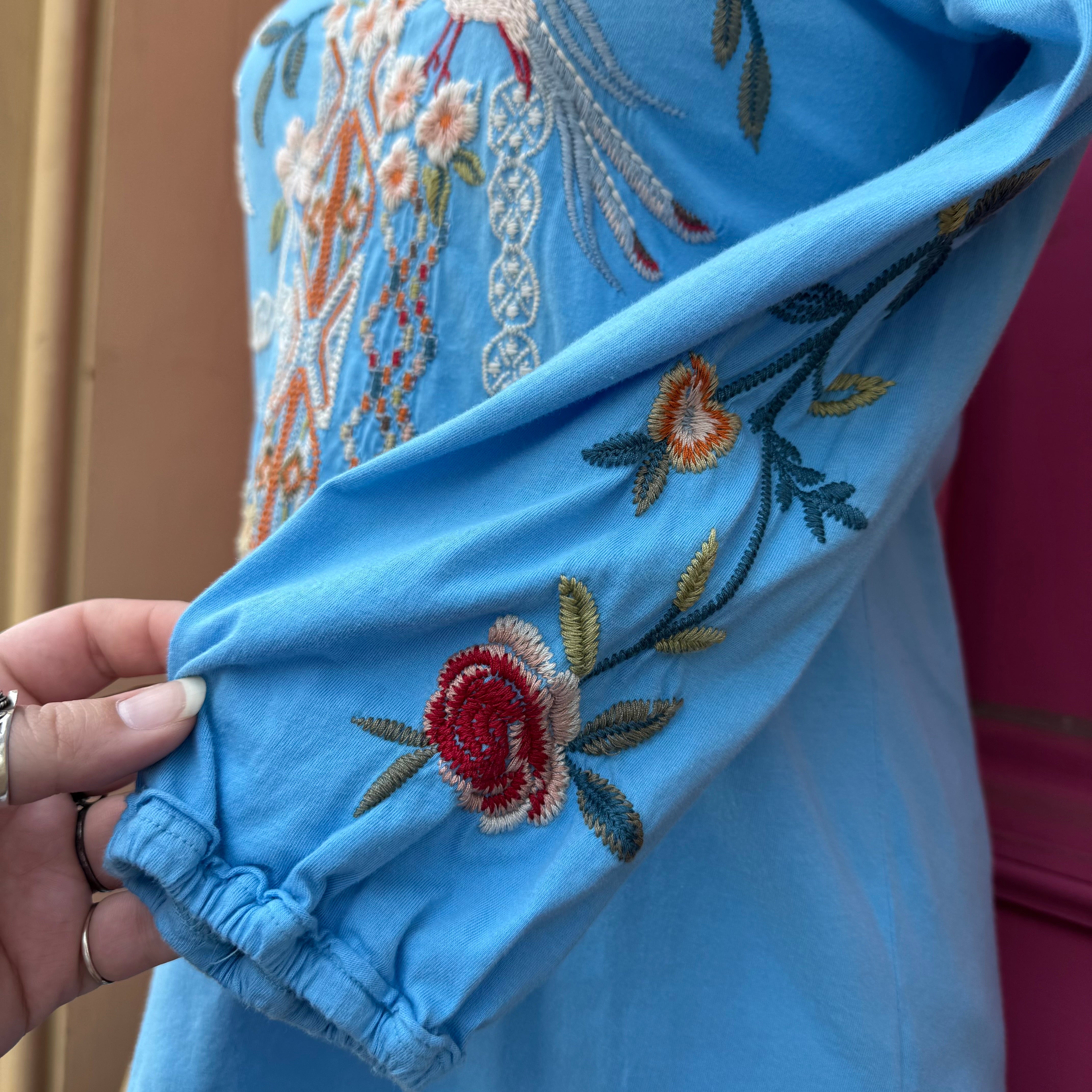 Johnny Was blue embroidered top size XS