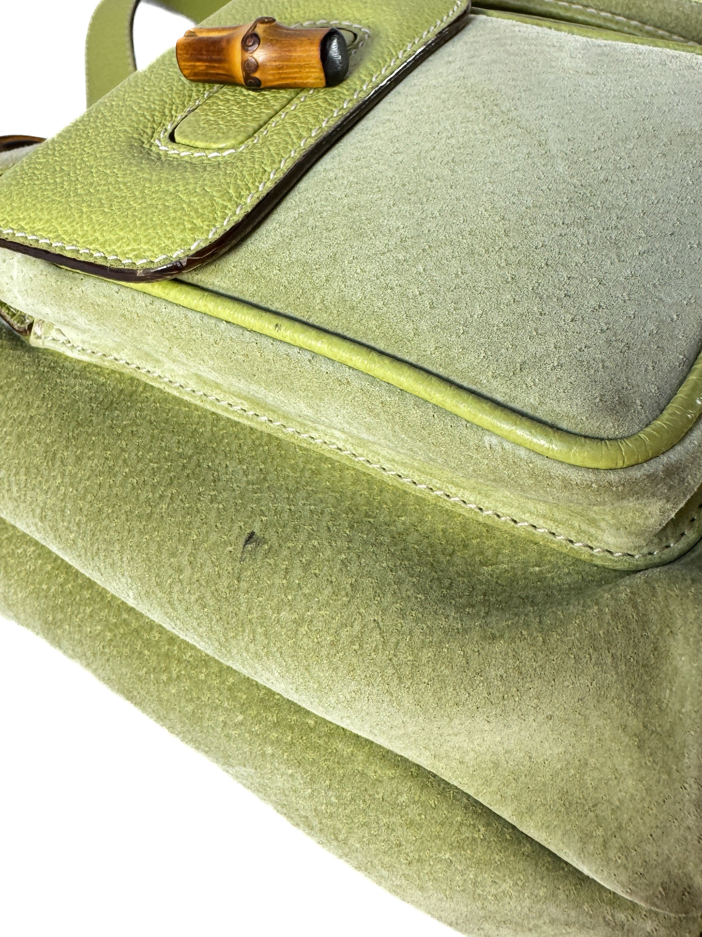 Gucci lime green vintage suede Bamboo large backpack 003-1998-0016