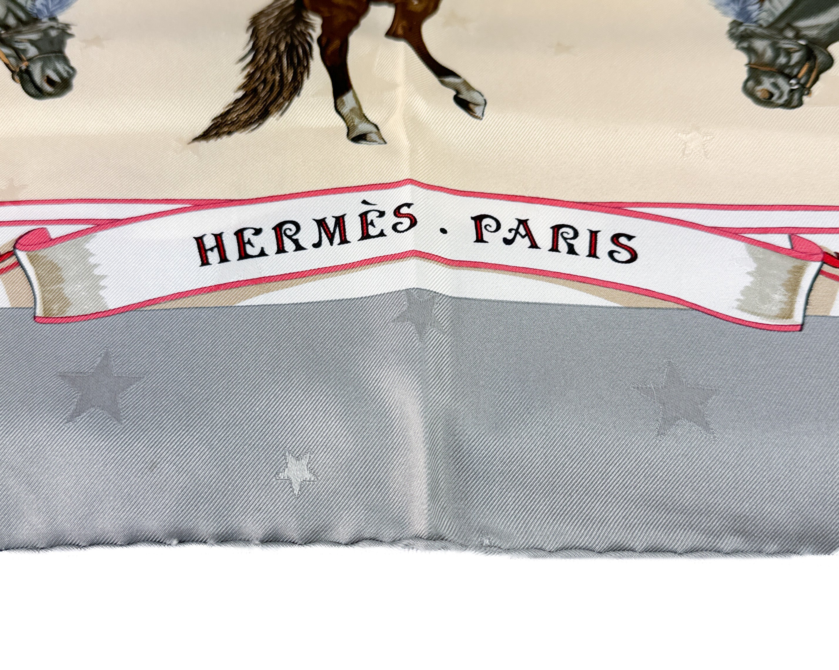Hermès gray, cream, pink En Piste 90cm silk scarf vintage
