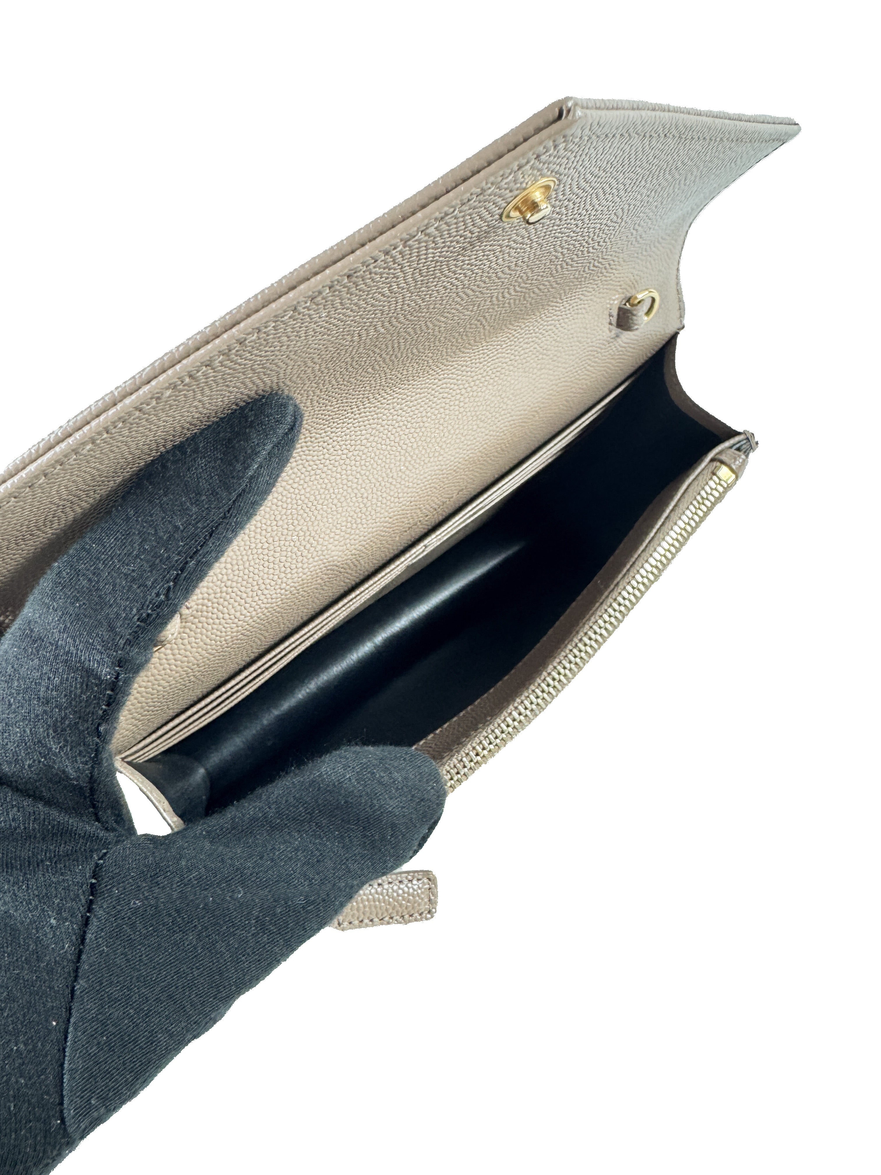 Saint Laurent chevron Cassandre grain de poudre chain wallet dark beige YBL695108 0822