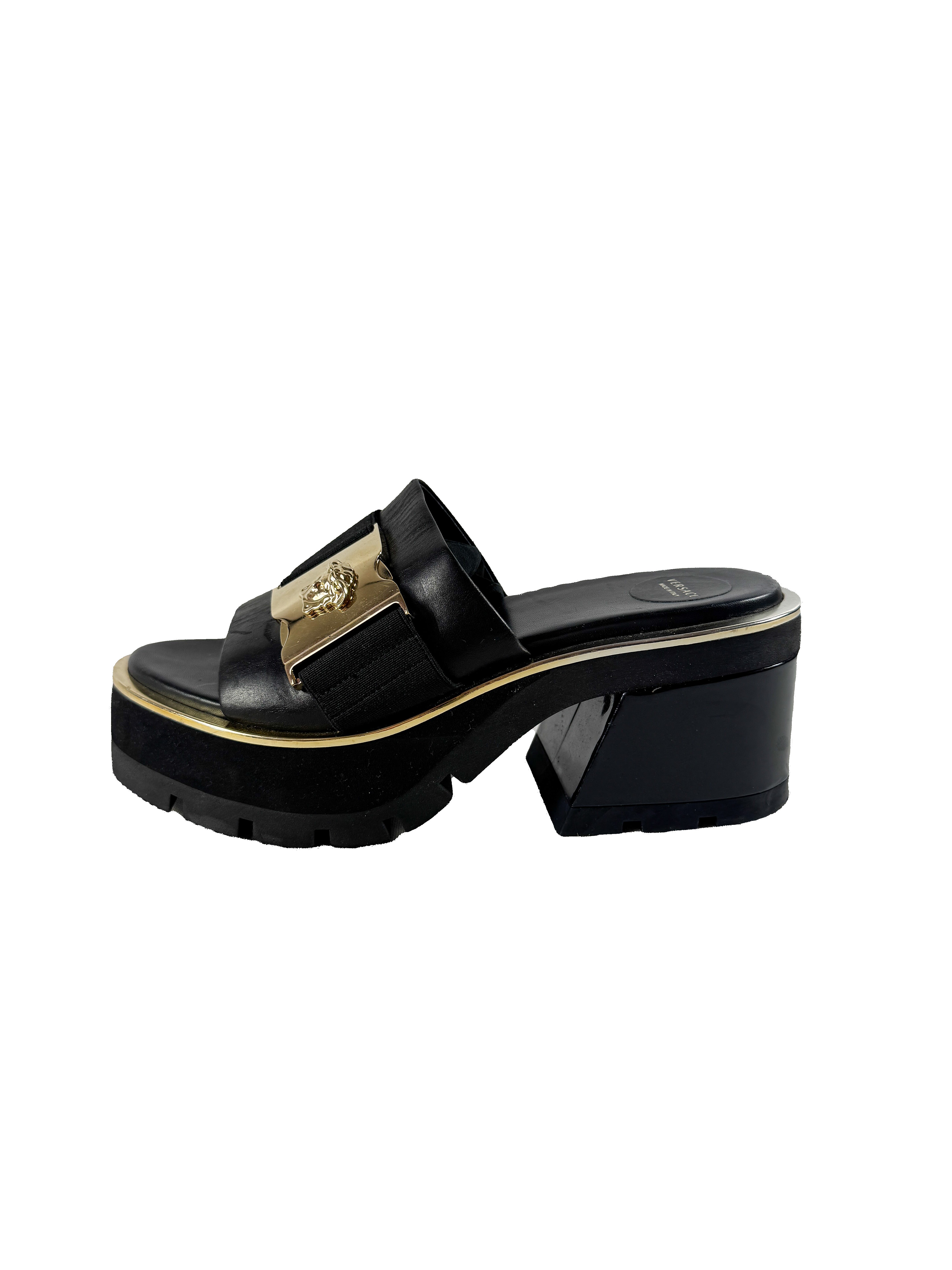 Versace black leather platform mules size 37