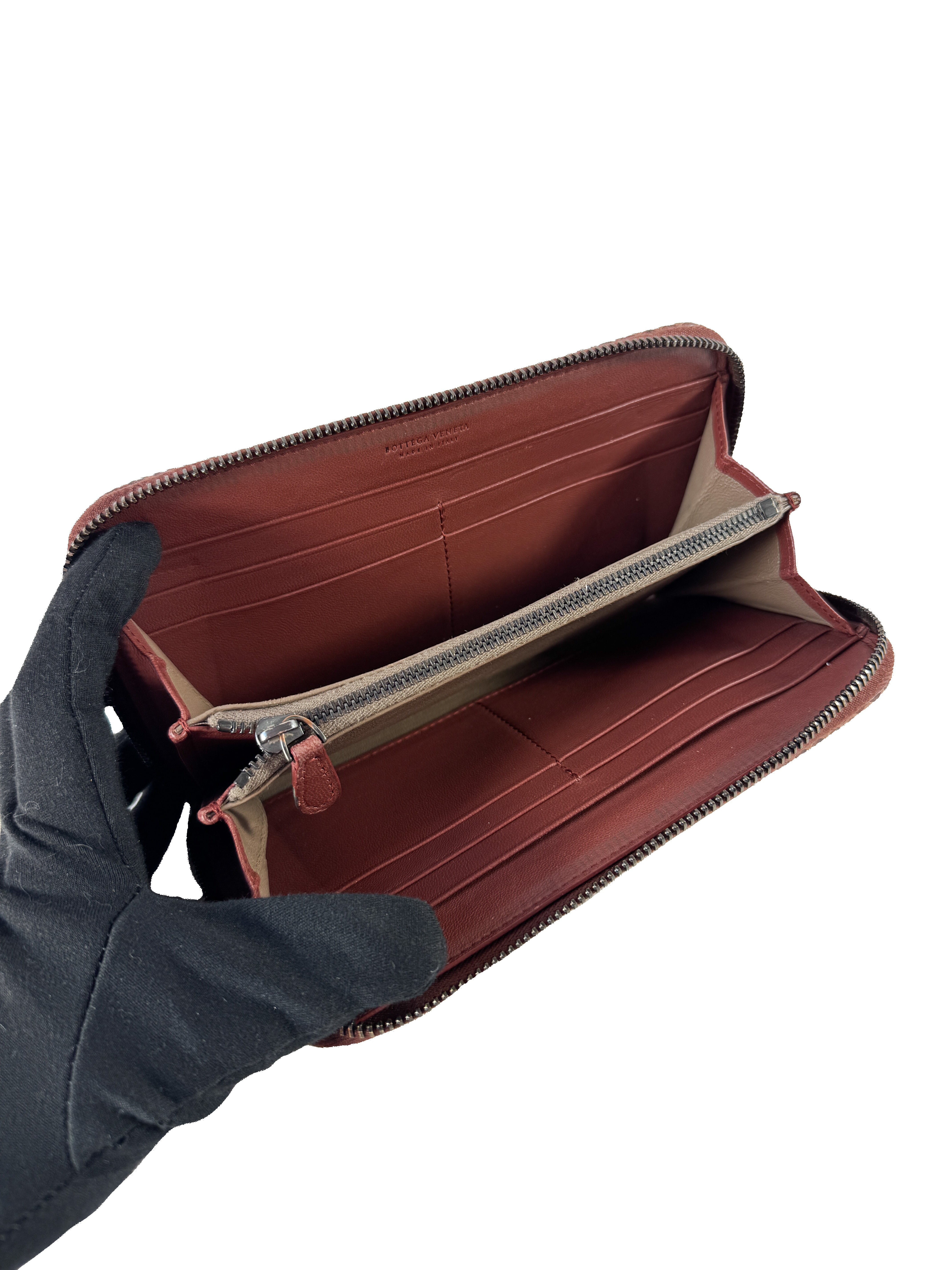 Bottega Veneta burgundy Intrecciato woven zip around wallet **as is**