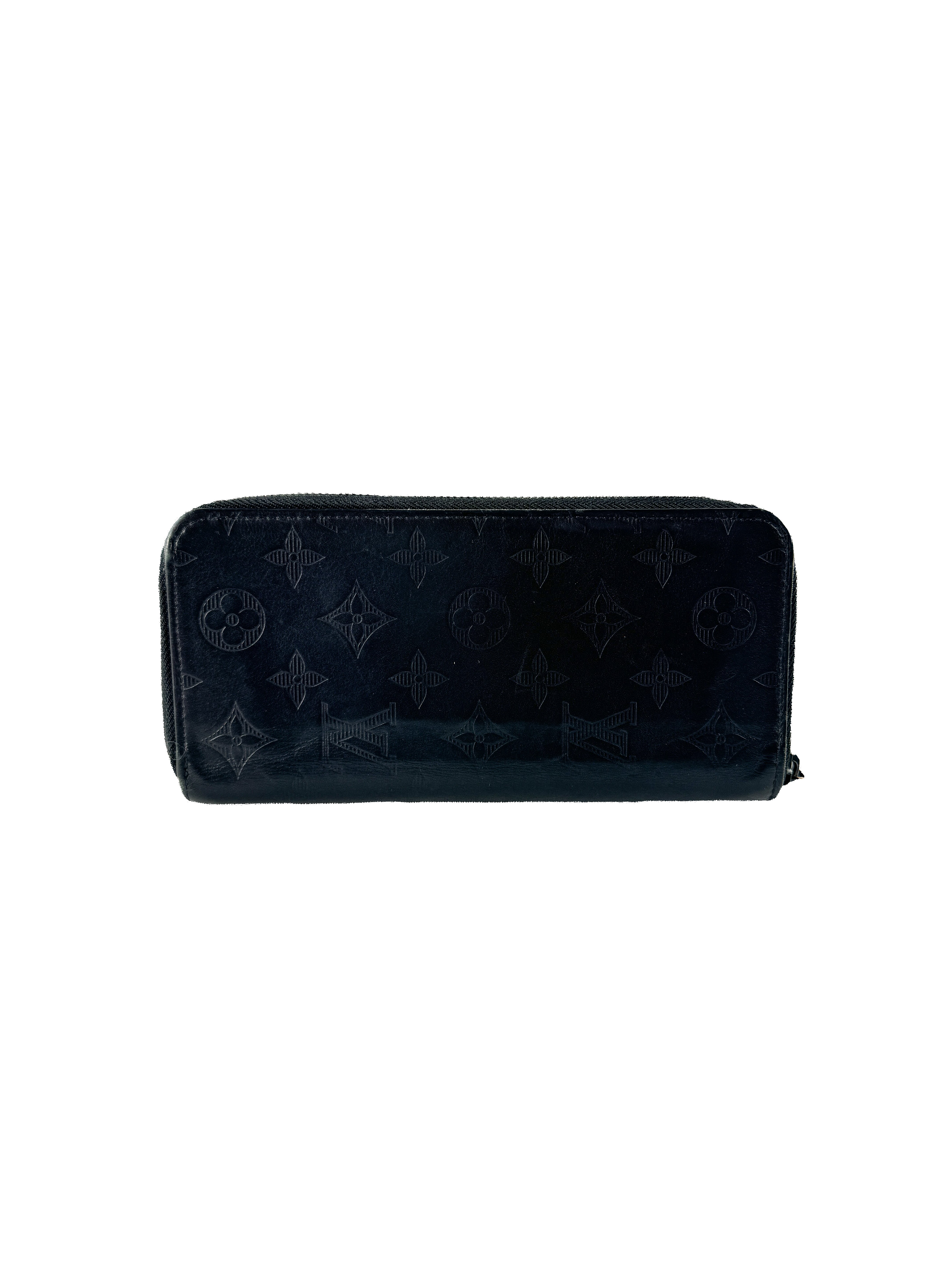 Louis Vuitton black leather monogram shadow zip around wallet CA2139
