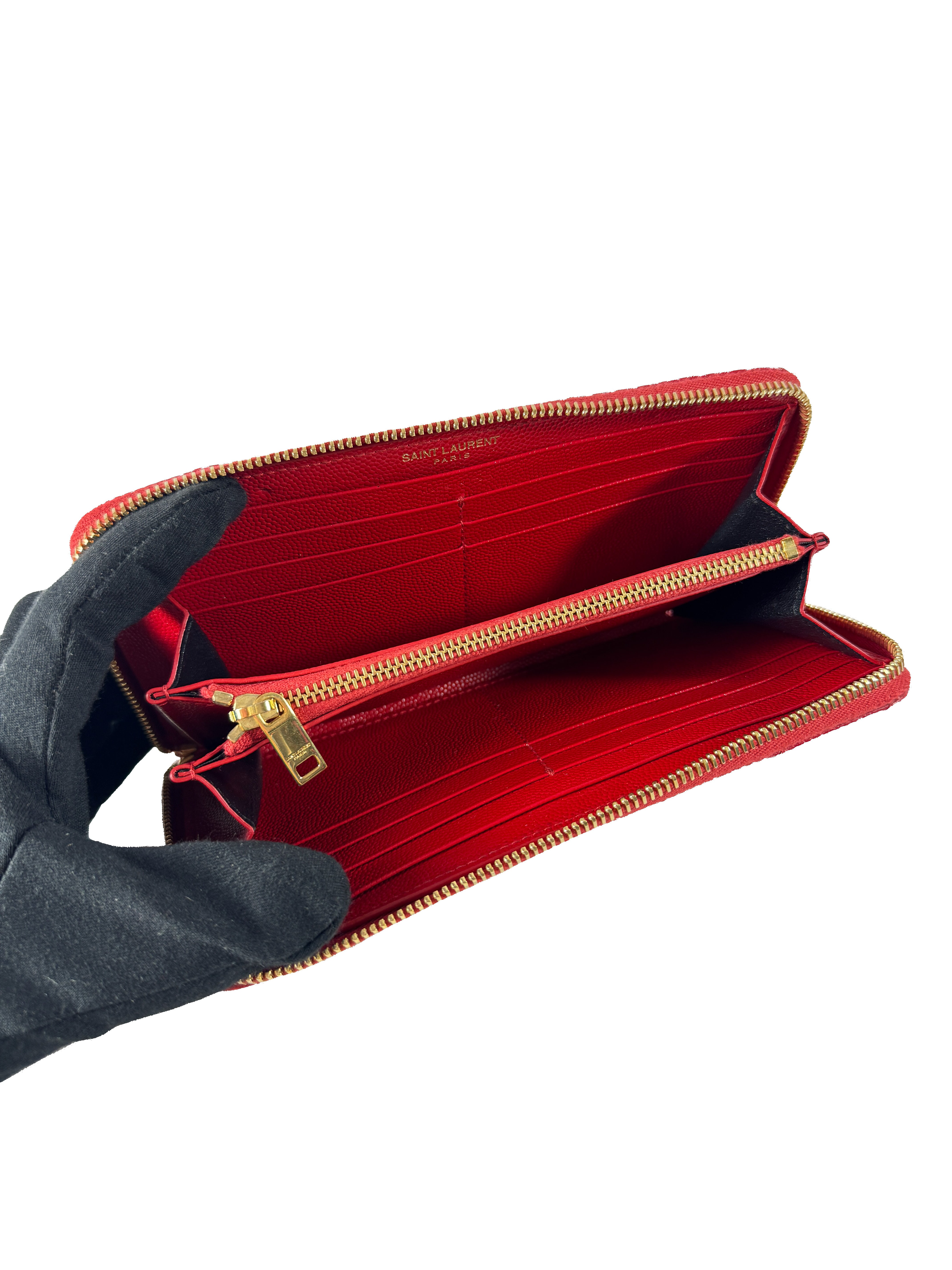 Saint Laurent red grain de poudre matelasse chevon monogram zip around wallet INN3580941118