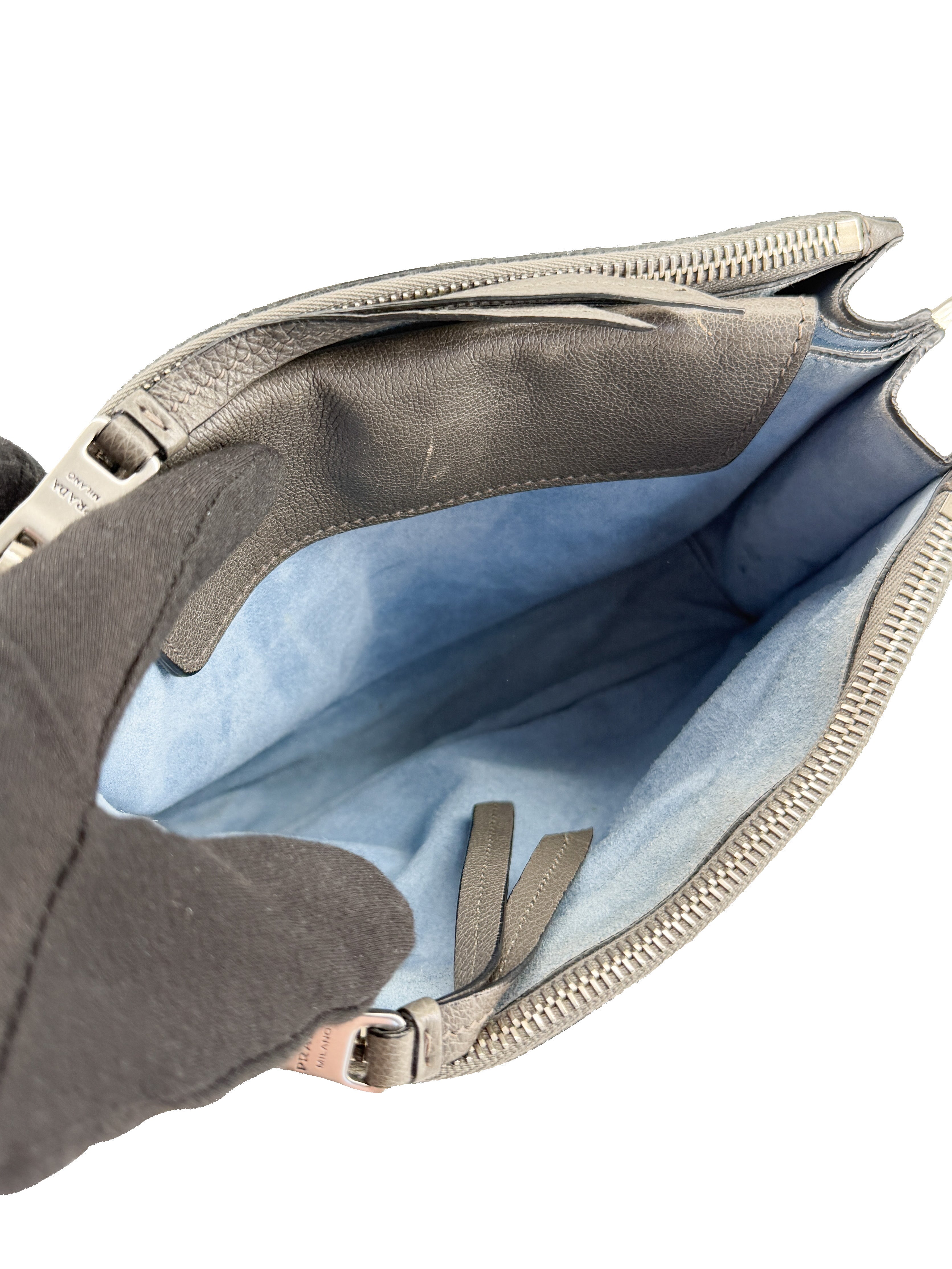 Prada gray leather studded Etiquette crossbody bag