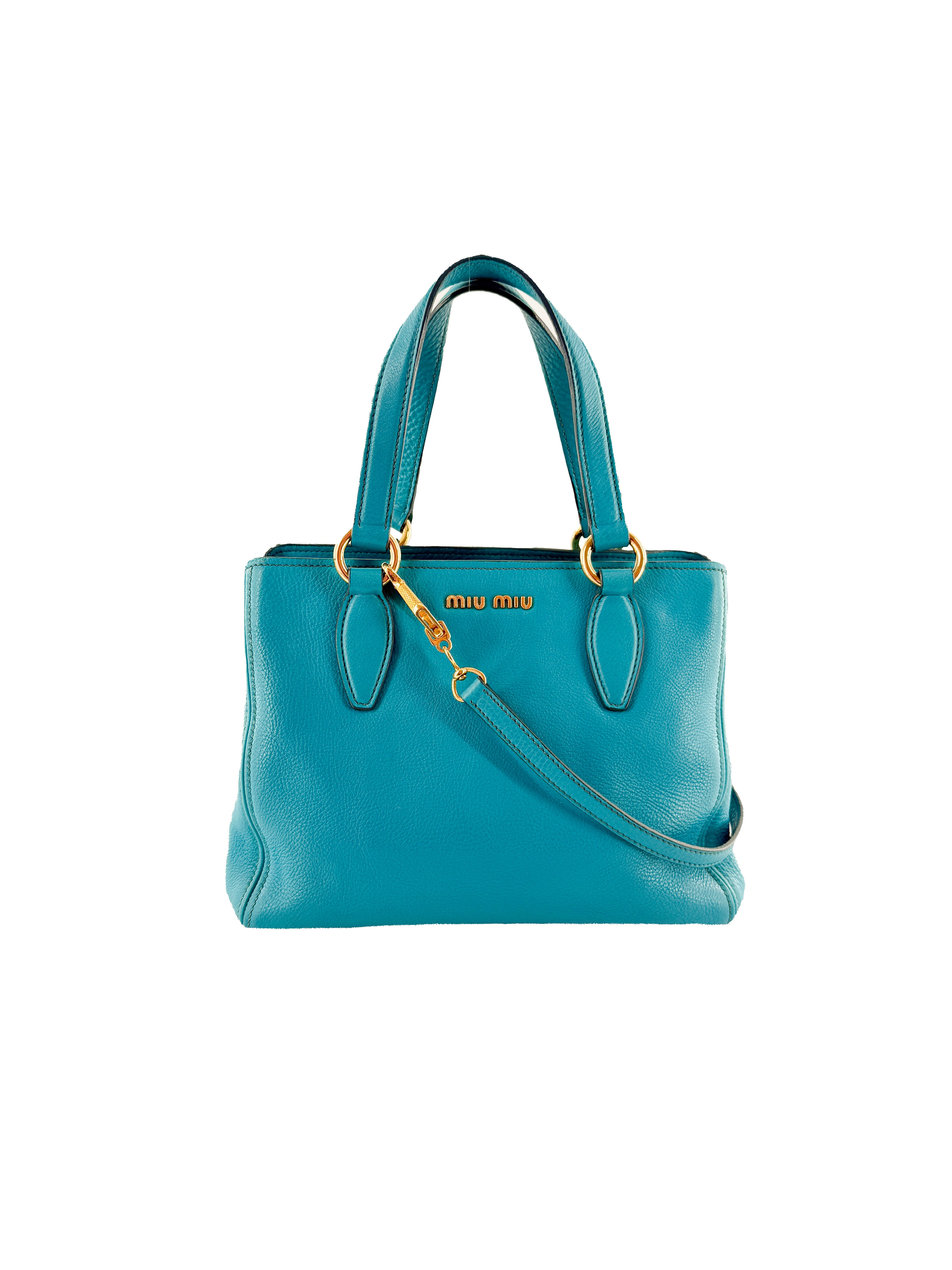 Miu Miu teal blue Caribe leather tote 122