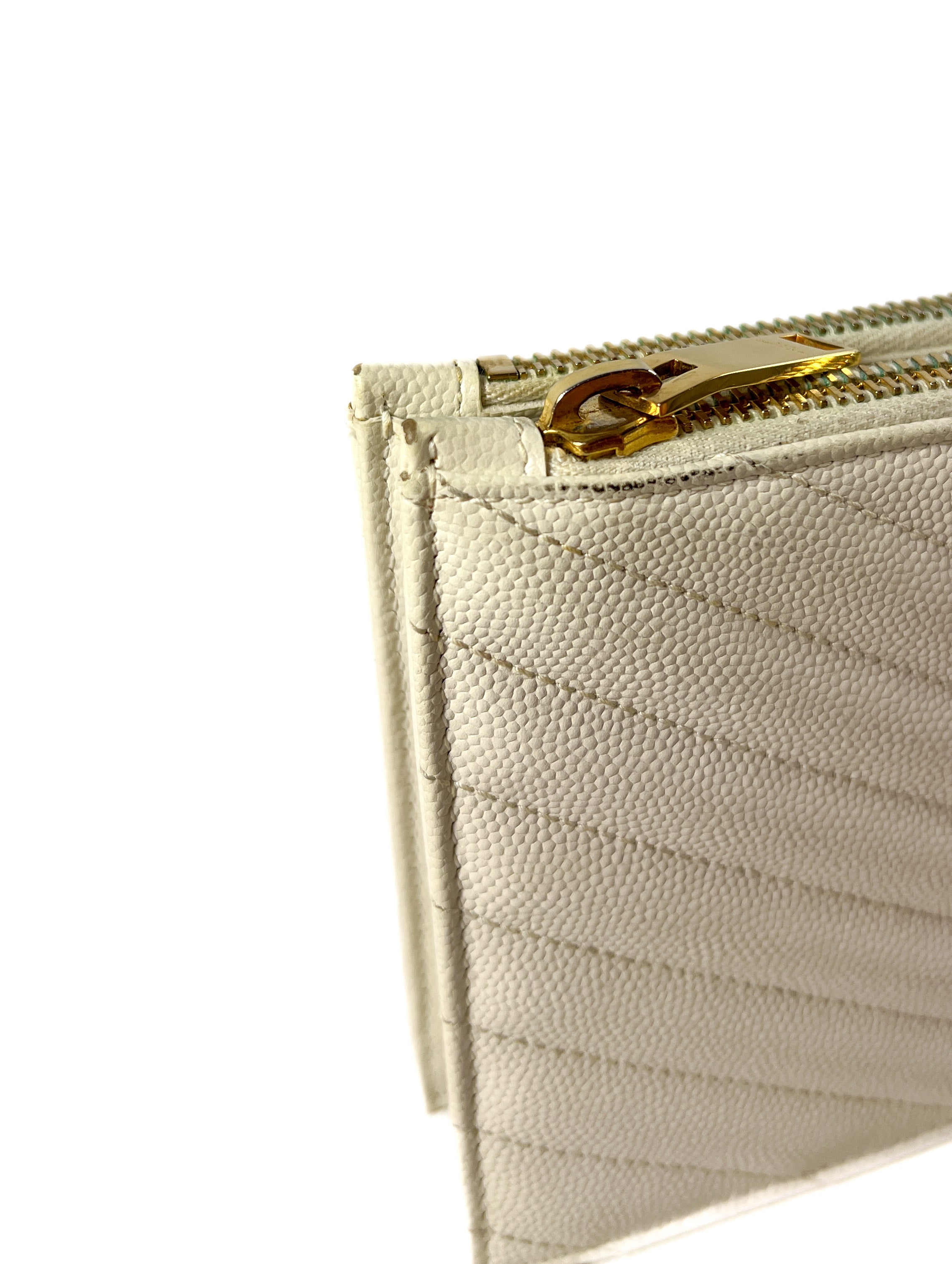 Saint Laurent off white Grain De Poudre Matelasse Chevron Double Zip Wallet
