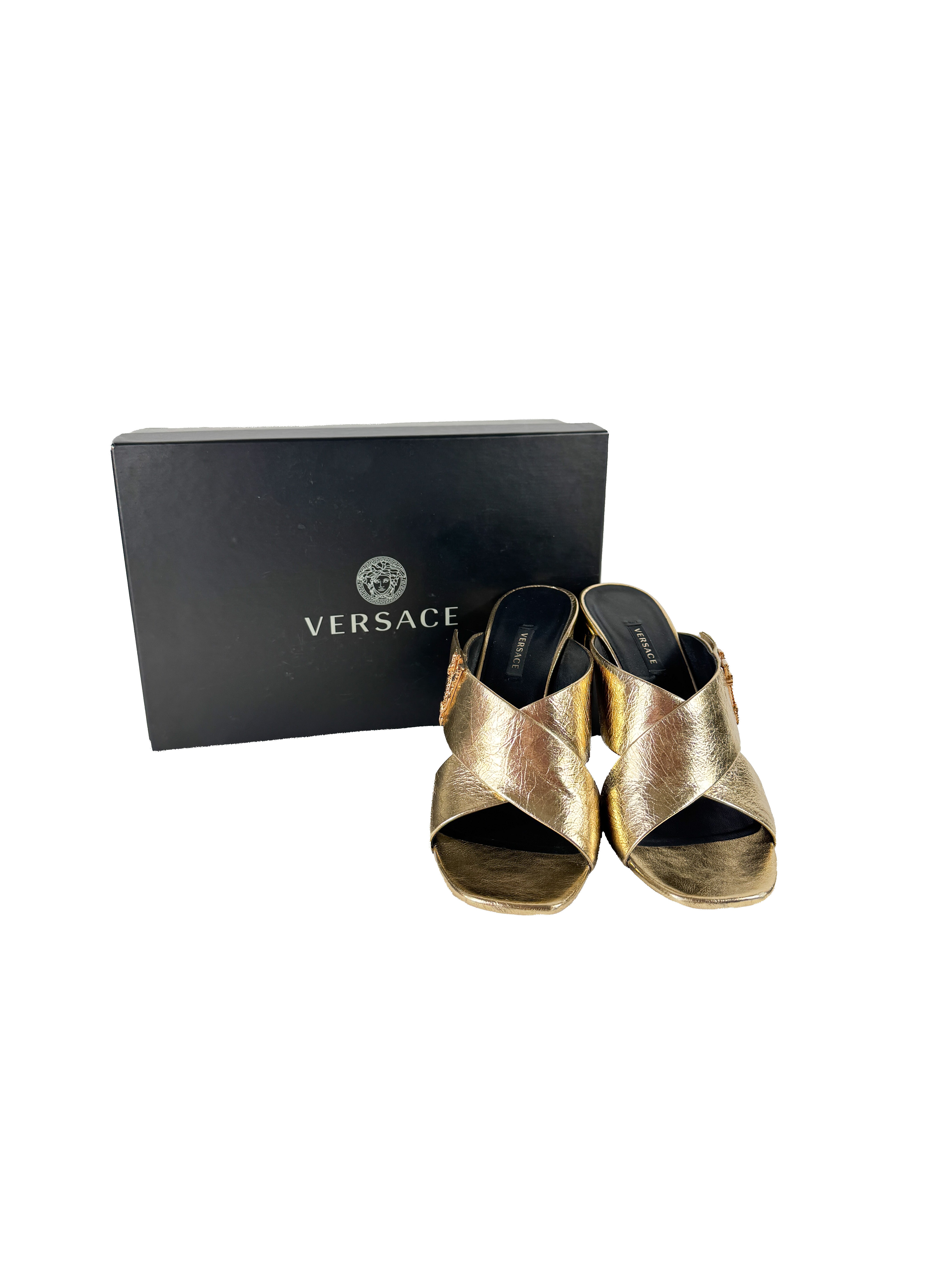 Versace gold leather V heeled sandals size 39 BOX