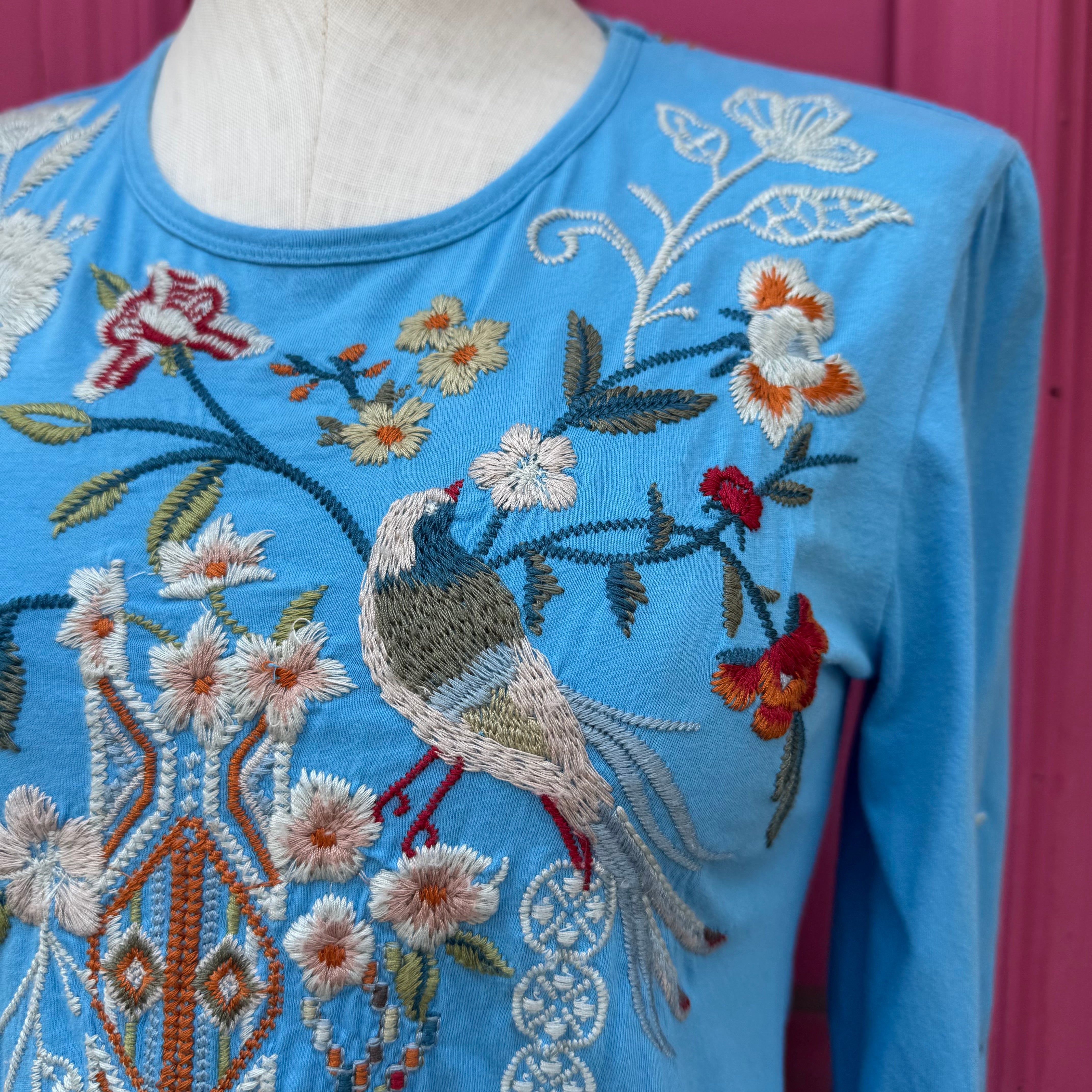 Johnny Was blue embroidered top size XS