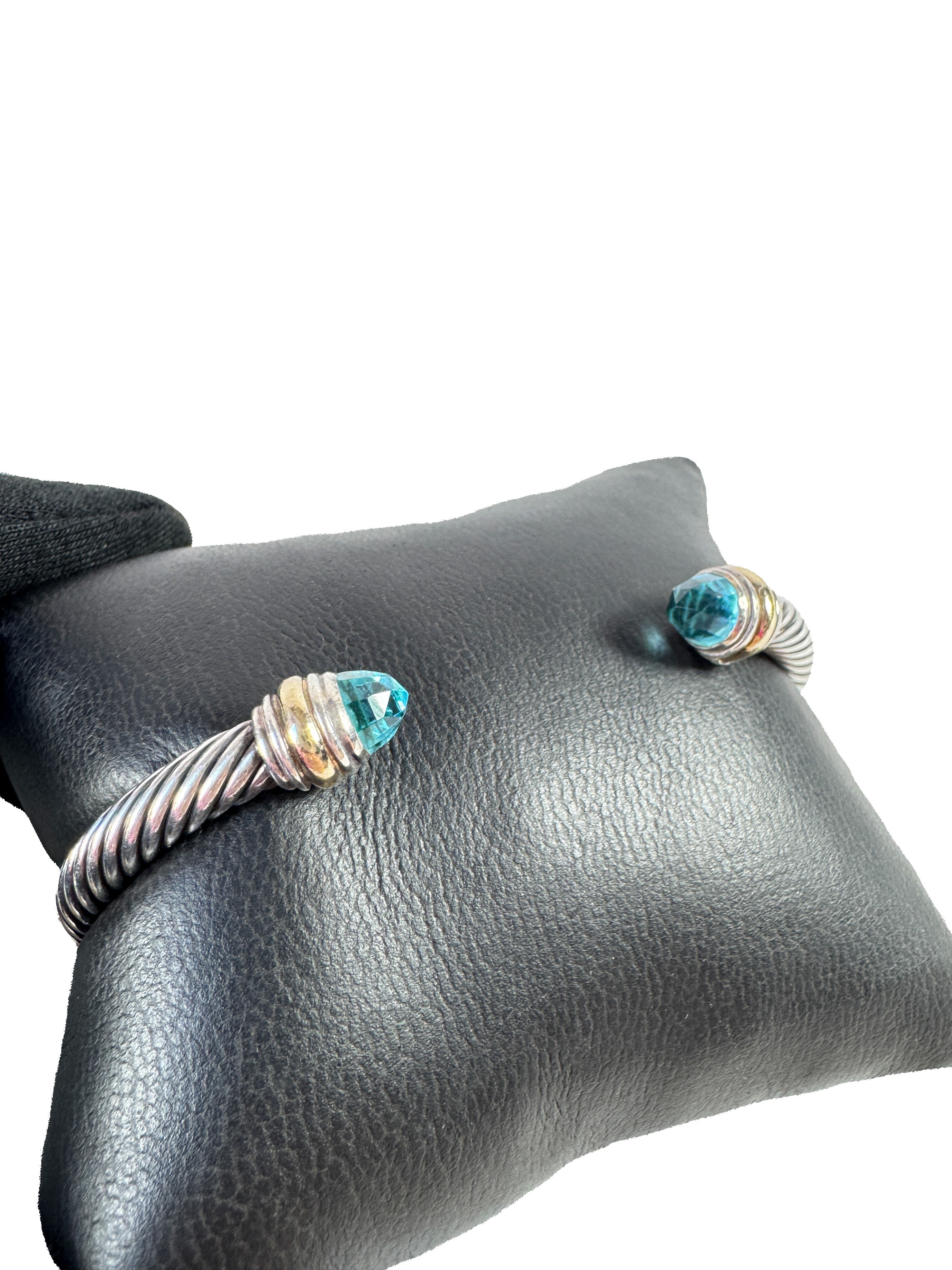 David Yurman sterling silver, 14K gold, hampton blue topaz 5MM cable classic