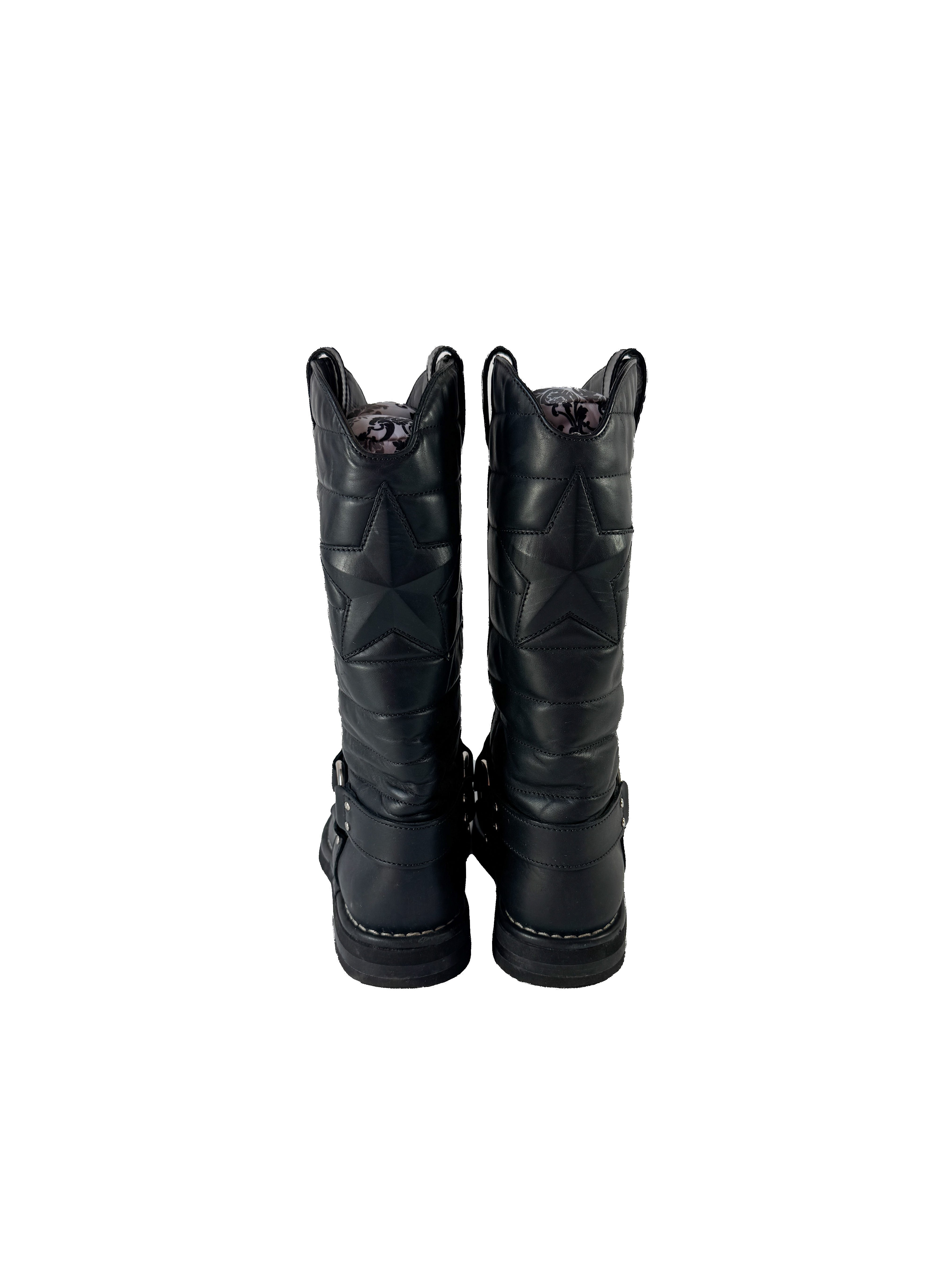 Chanel black Oily Calfskin Star Quilted Biker Boots 38.5 IG30209 *as is*
