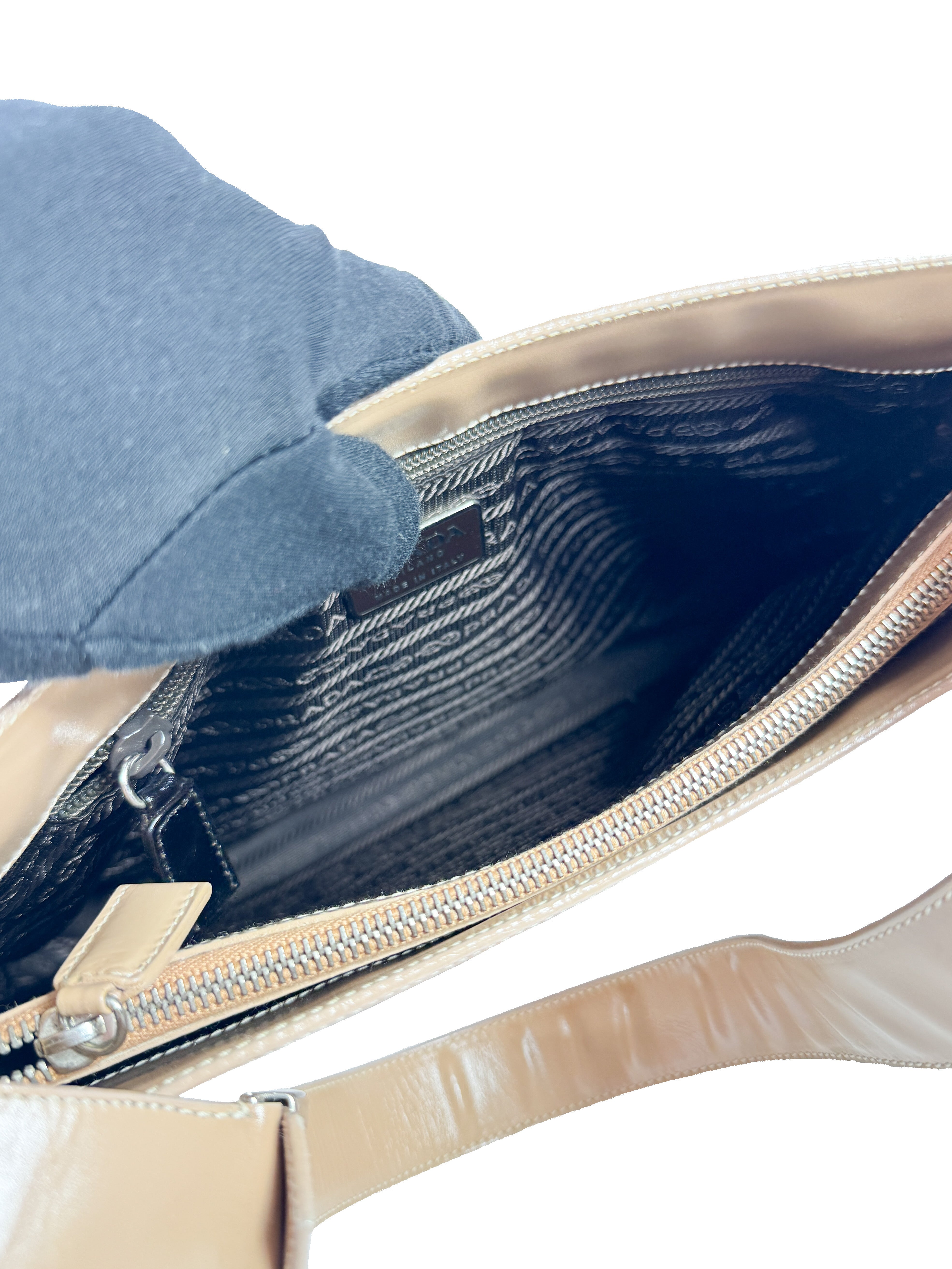 Prada beige patent leather Vitello Acciaio hobo 50