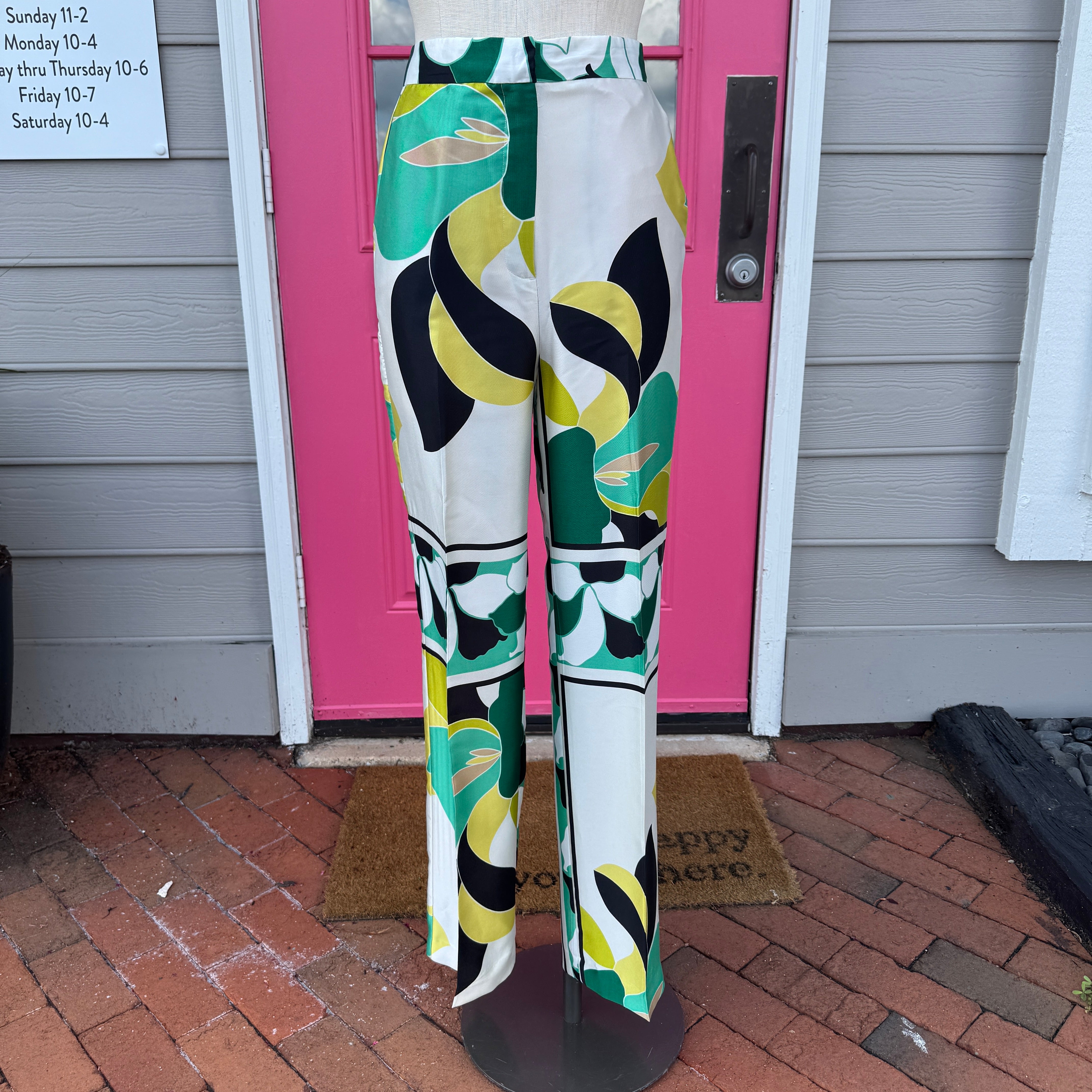 ZARA white green print satin pants size S
