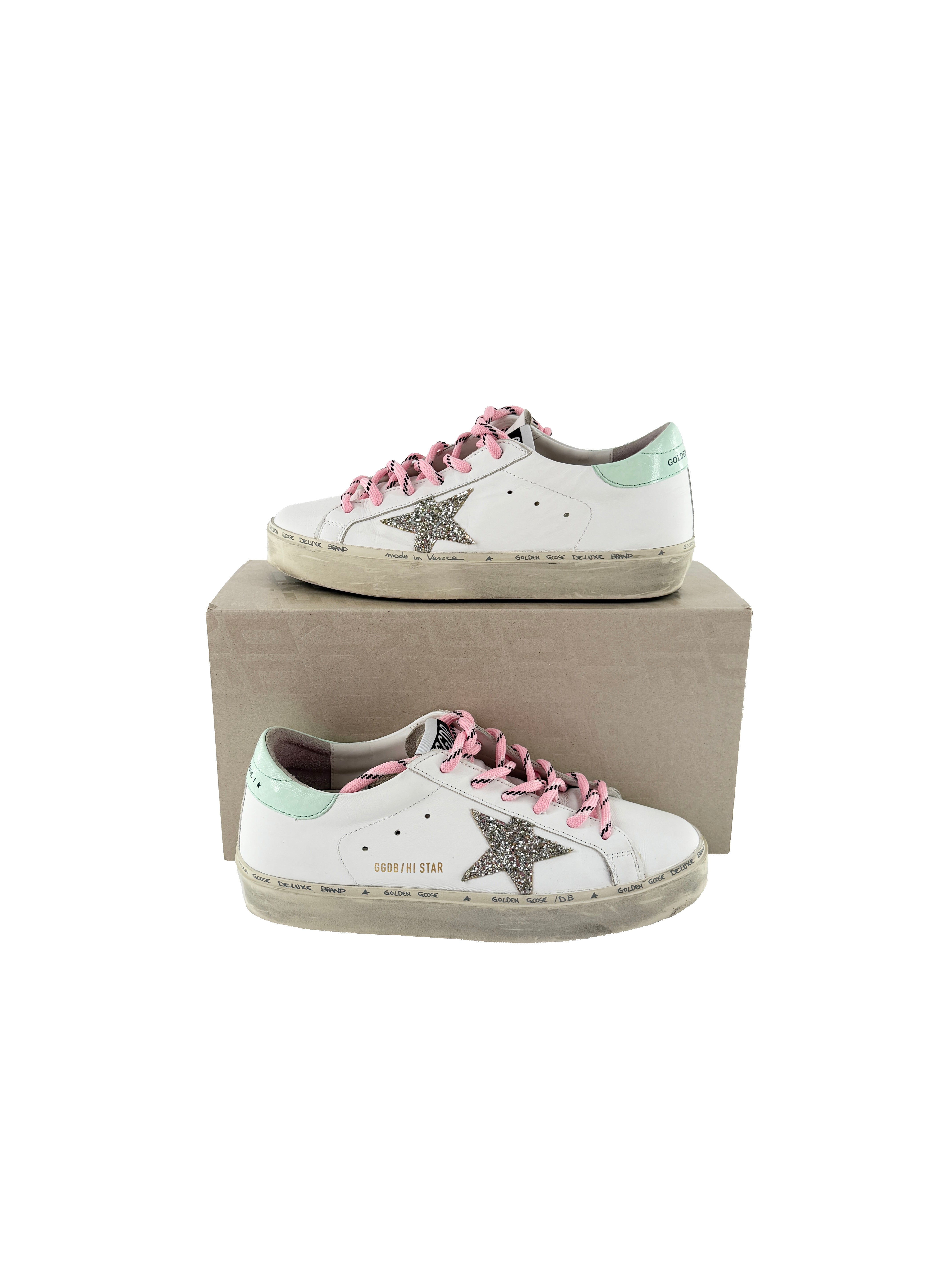 Golden Goose hi star white, pink, mint sneakers size 40 NEW