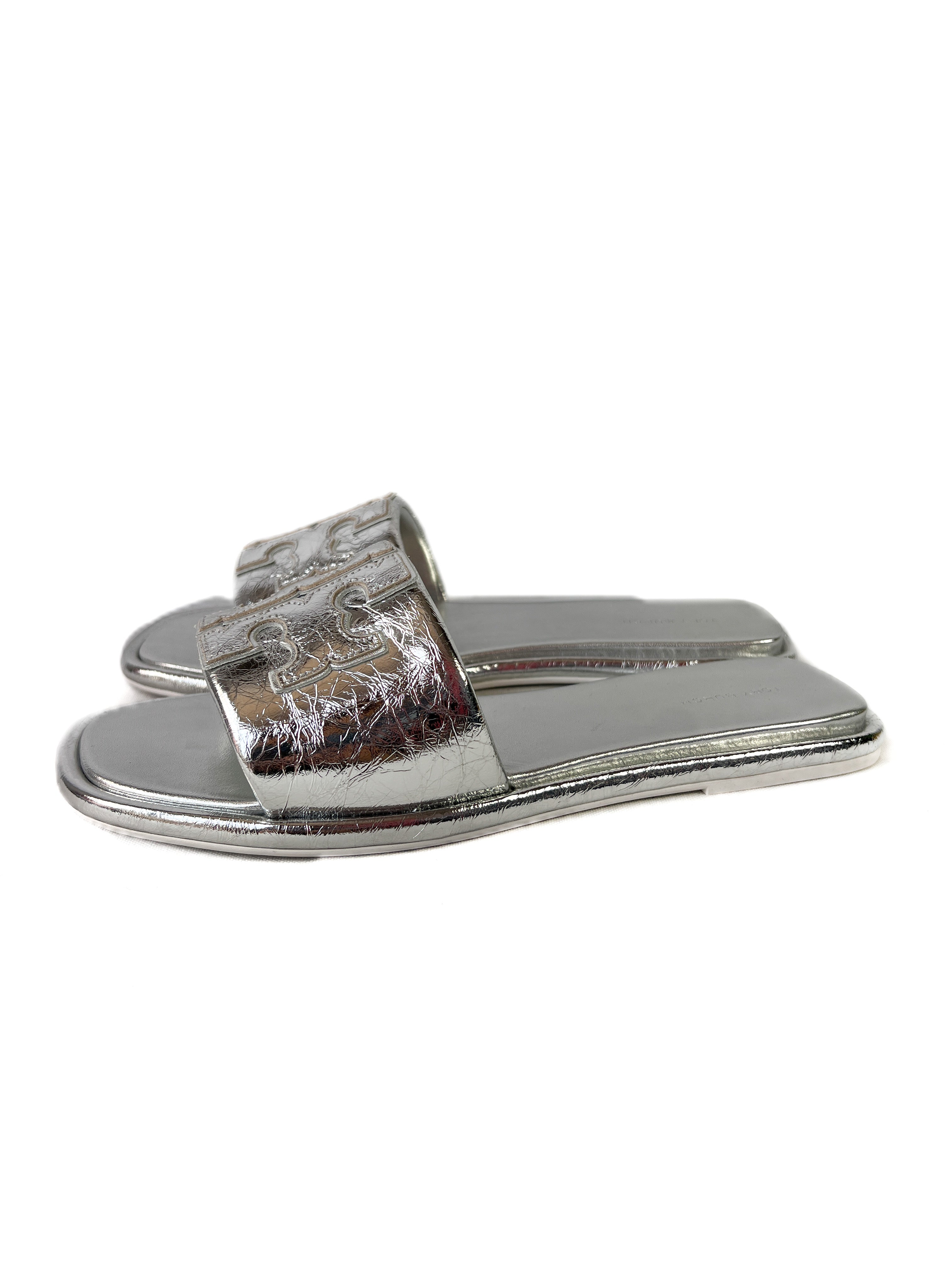 Tory Burch silver metallic leather Double T sport slides size 10.5 NEW