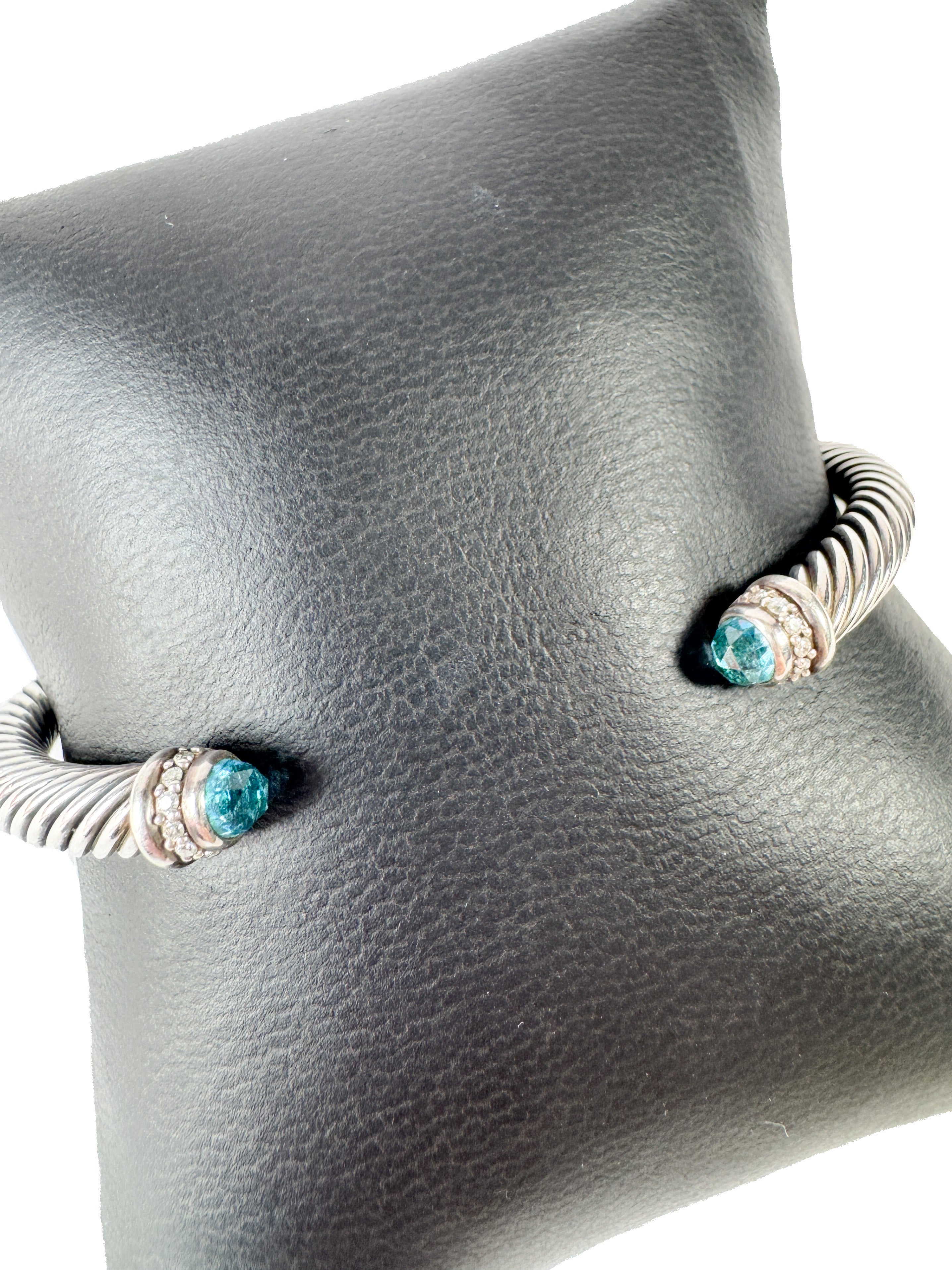 David Yurman sterling silver, blue topaz, diamond 5mm cable classic bracelet