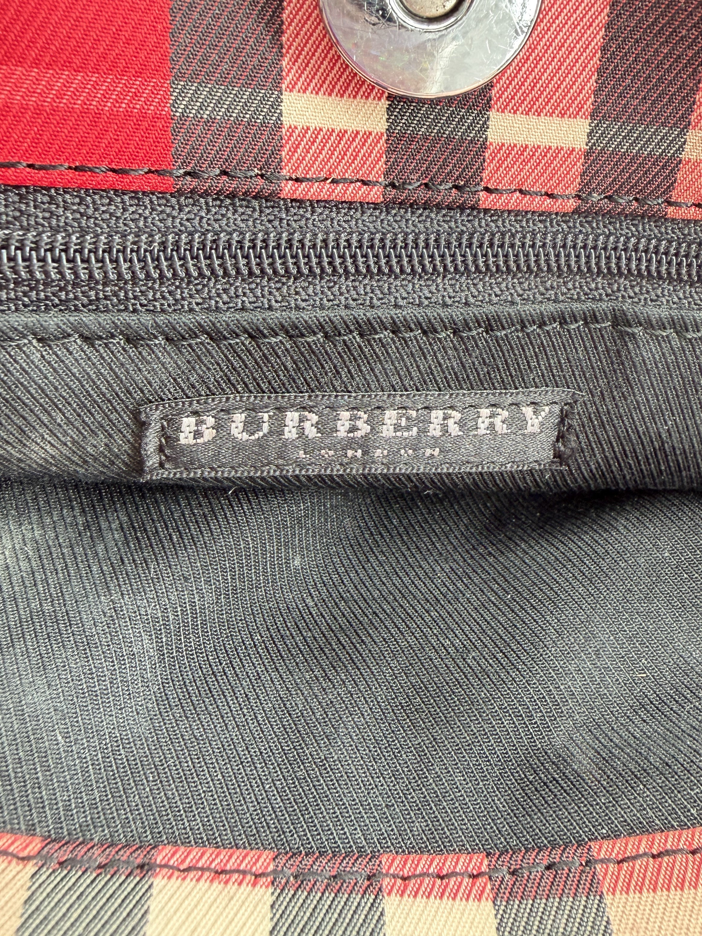 Burberry red, beige, black plaid canvas tote