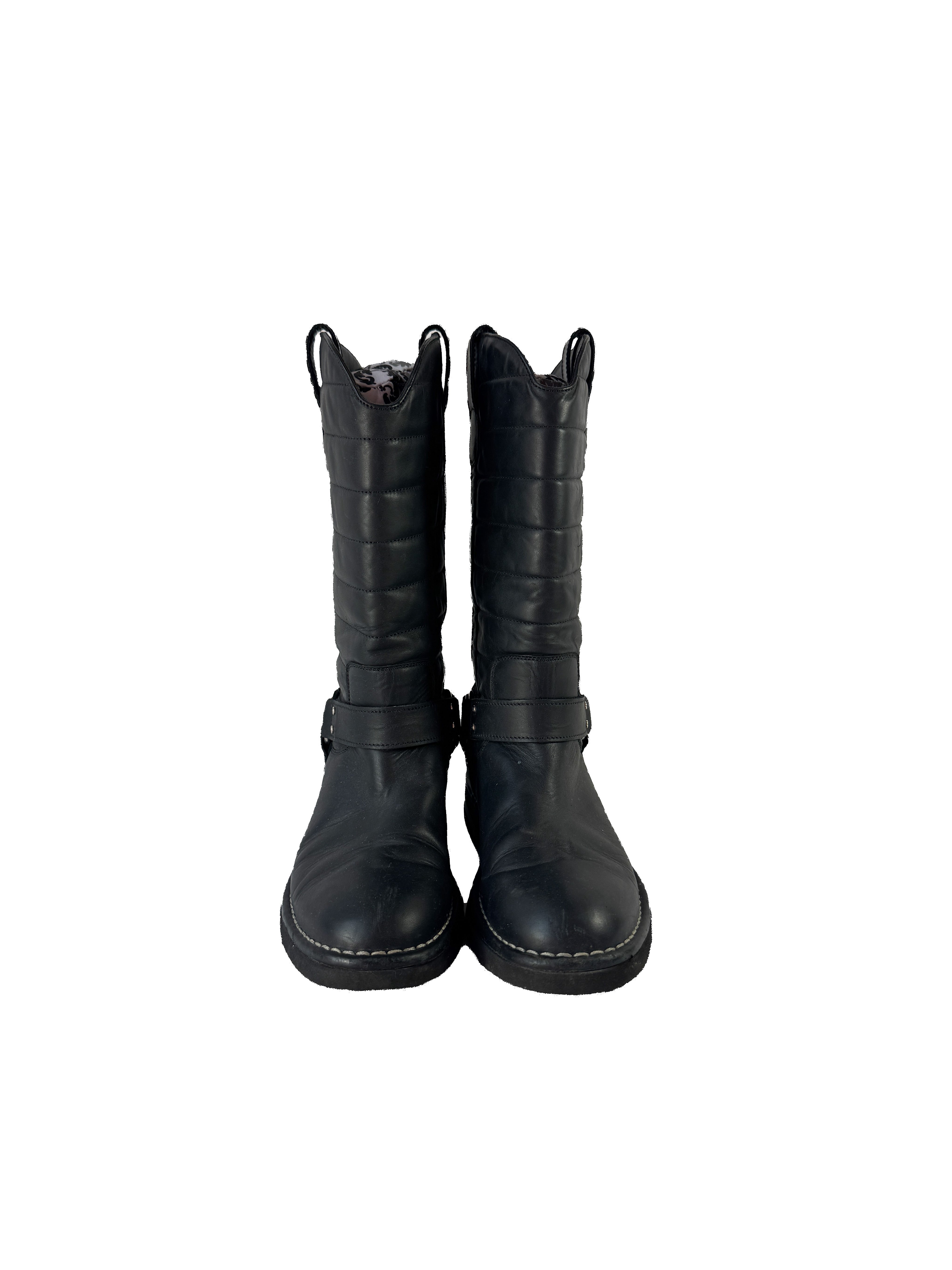 Chanel black Oily Calfskin Star Quilted Biker Boots 38.5 IG30209 *as is*