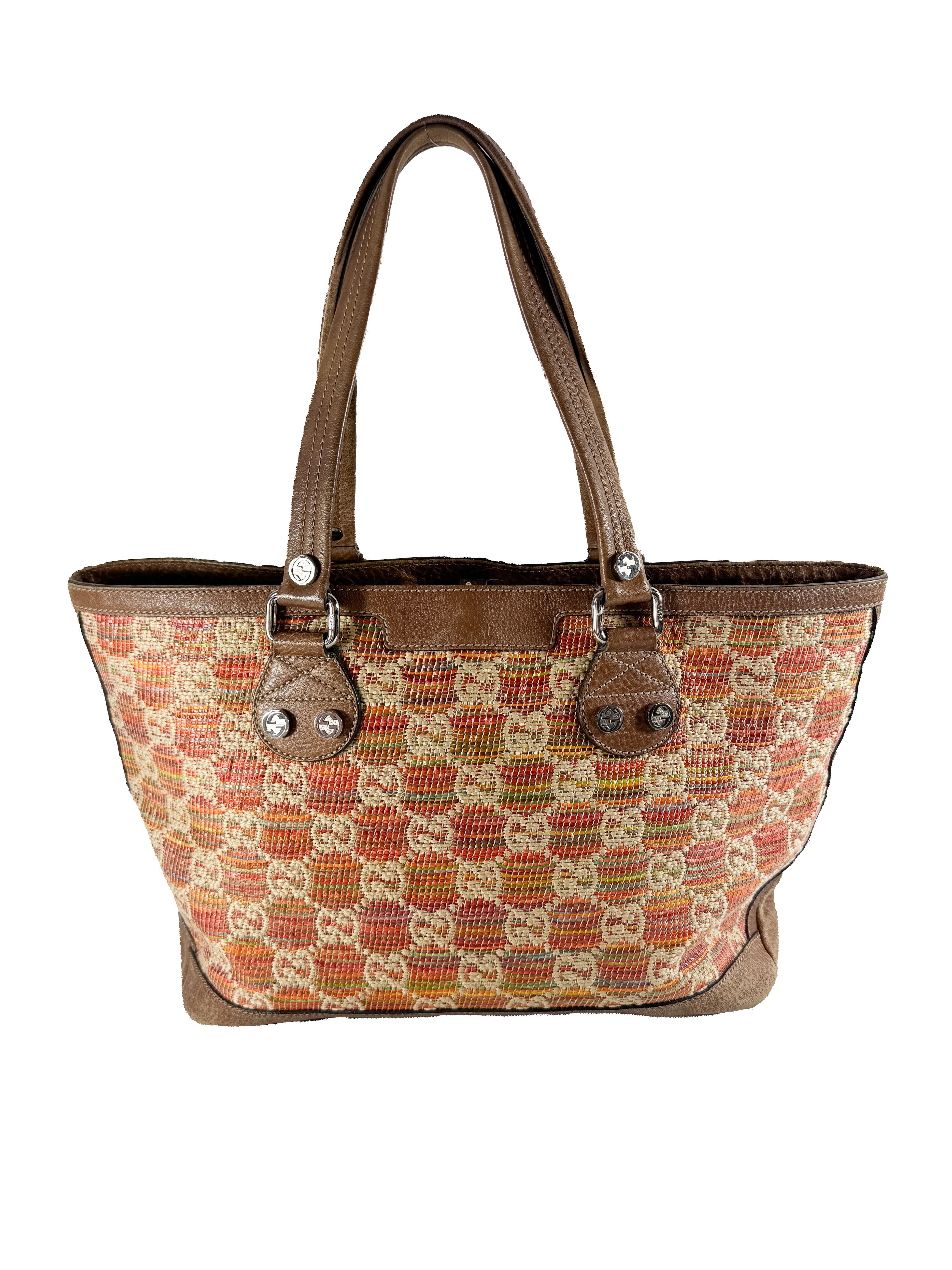 Gucci GG sunset Paglia straw and leather tote 232973000926