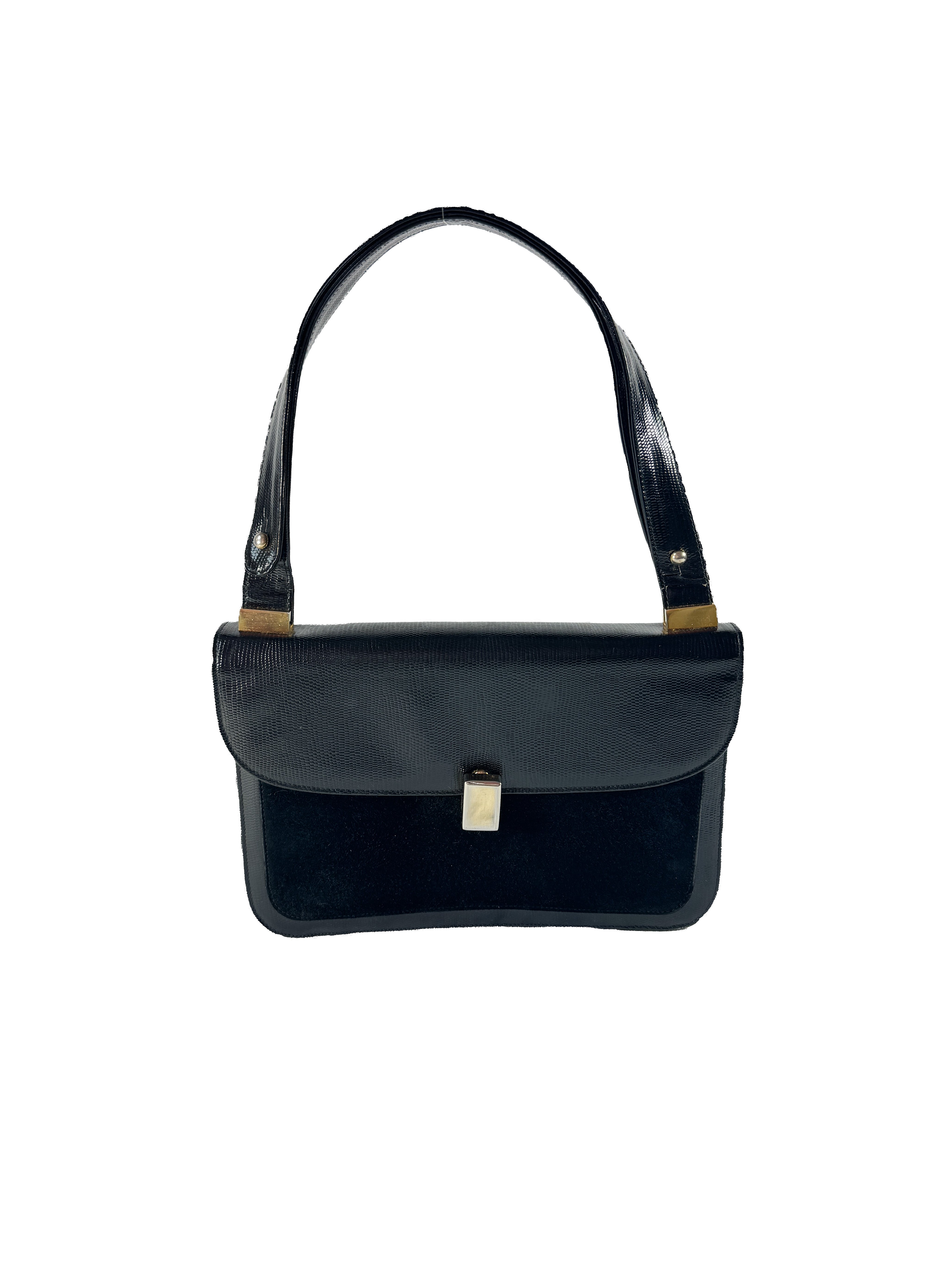 Salvatore Ferragamo black suede/lizard vintage shoulder bag