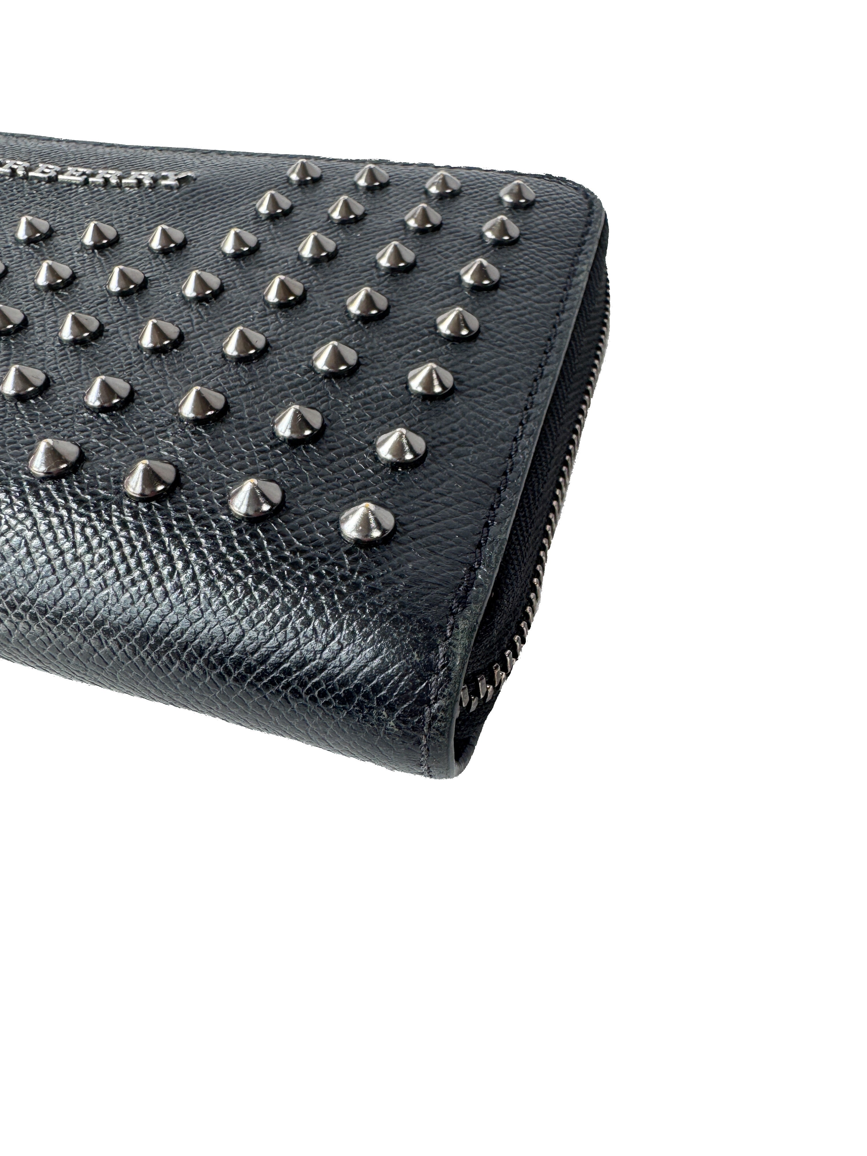 Burberry black leather studded zip around wallet