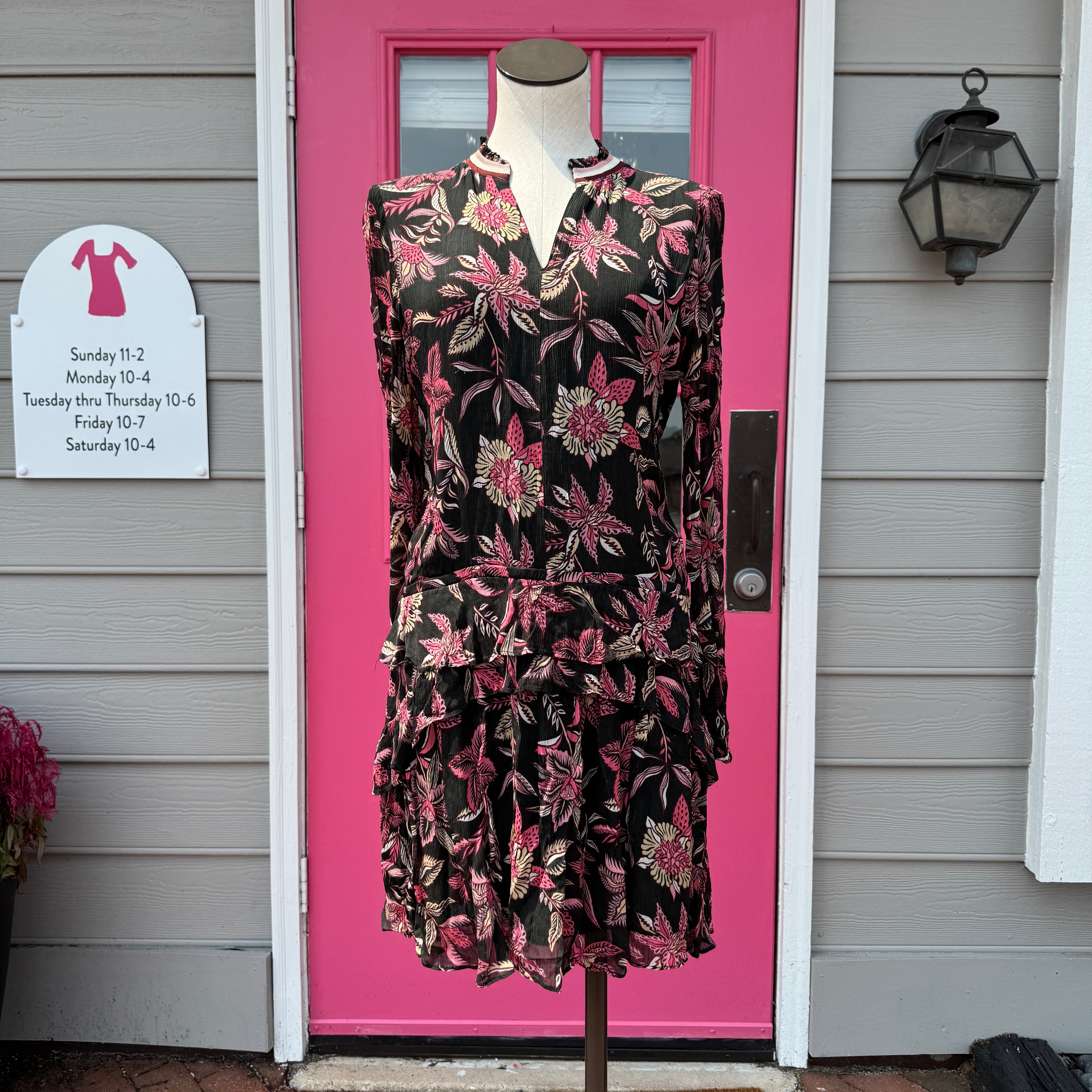 Scotch & Soda dark green pink floral long sleeve dress size XS