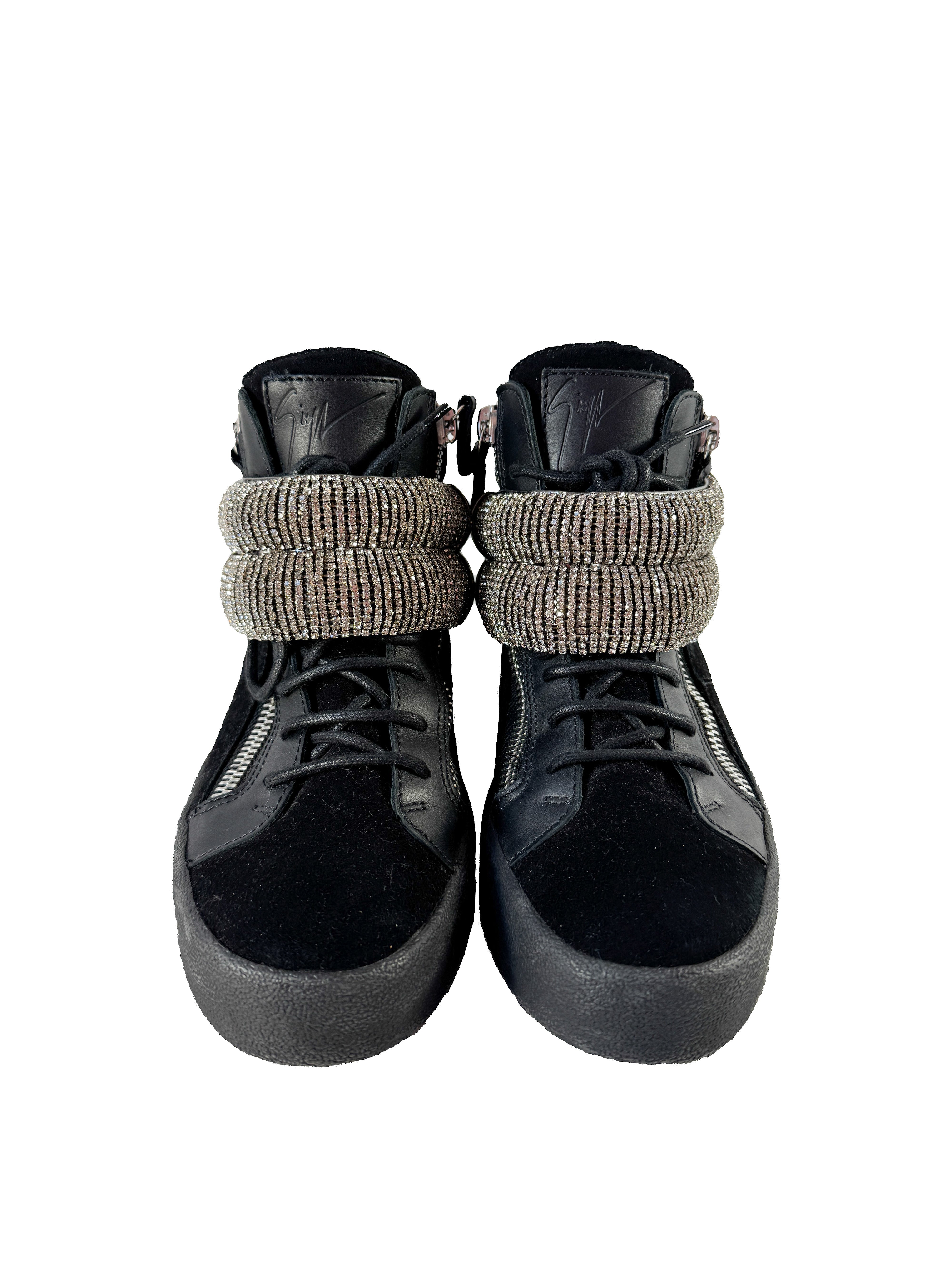 Giuseppe Zanotti black suede rhinestone high top sneakers size 37.5