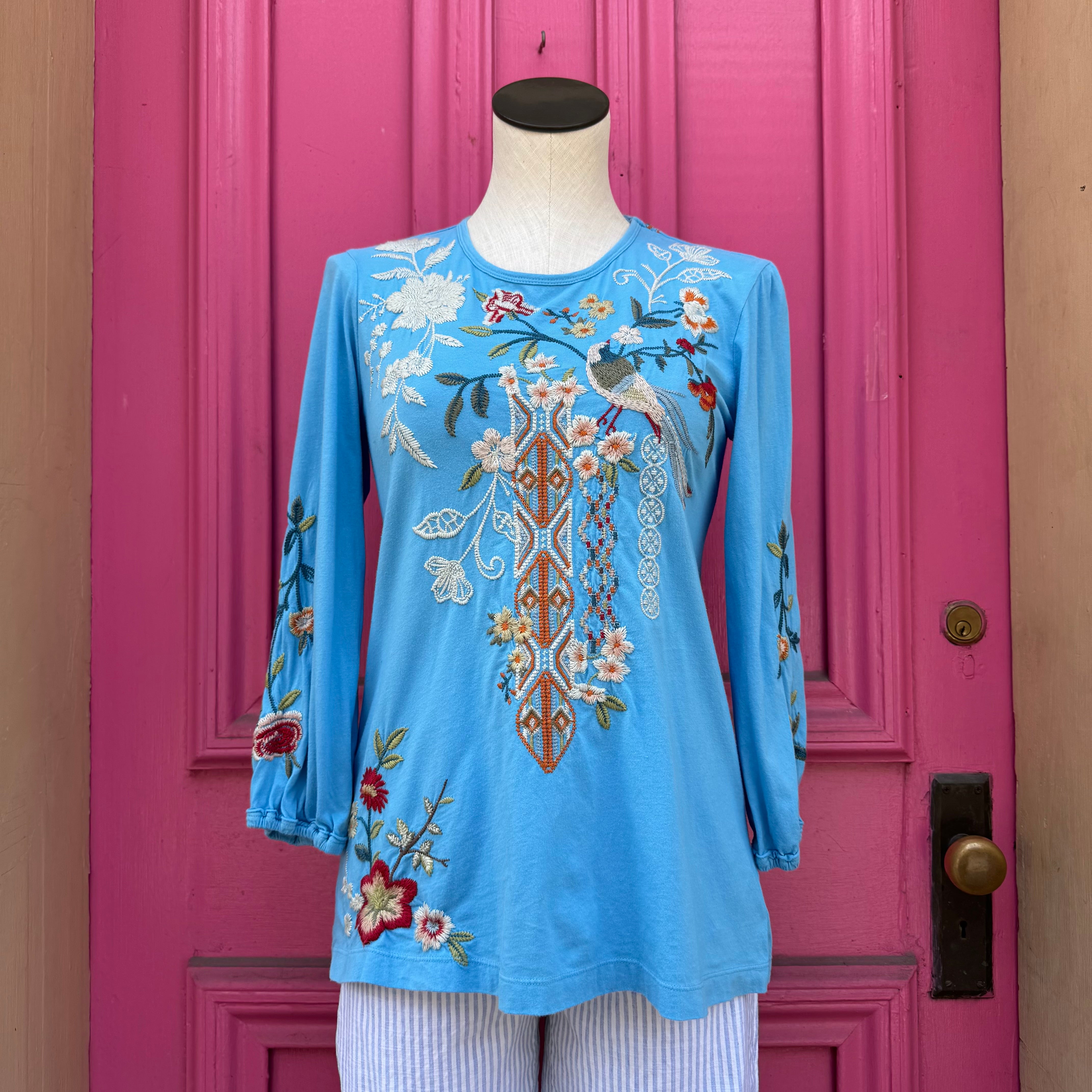 Johnny Was blue embroidered top size XS
