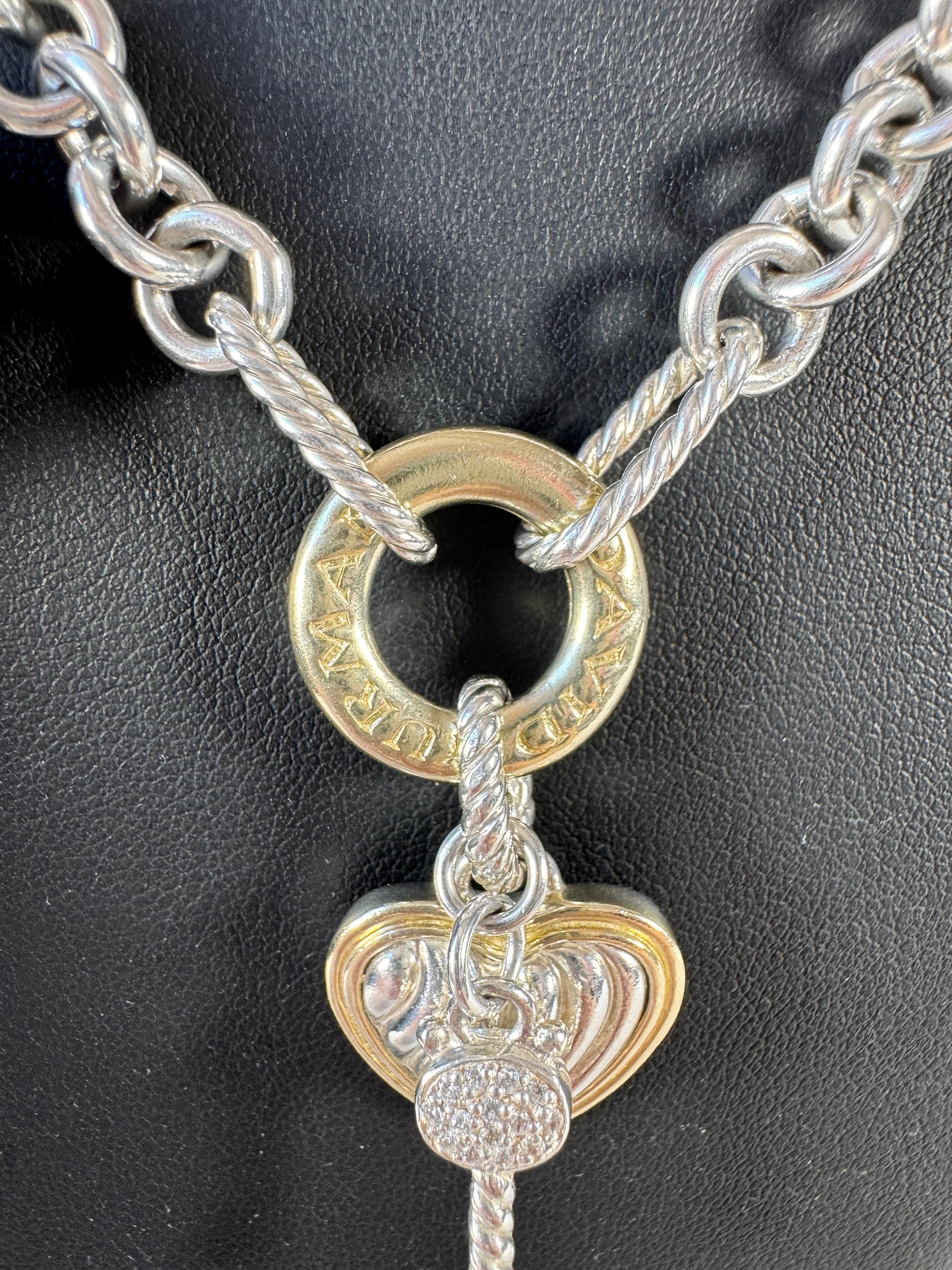 David Yurman sterling silver, 18k gold figaro chain 32" necklace w/non DY charm