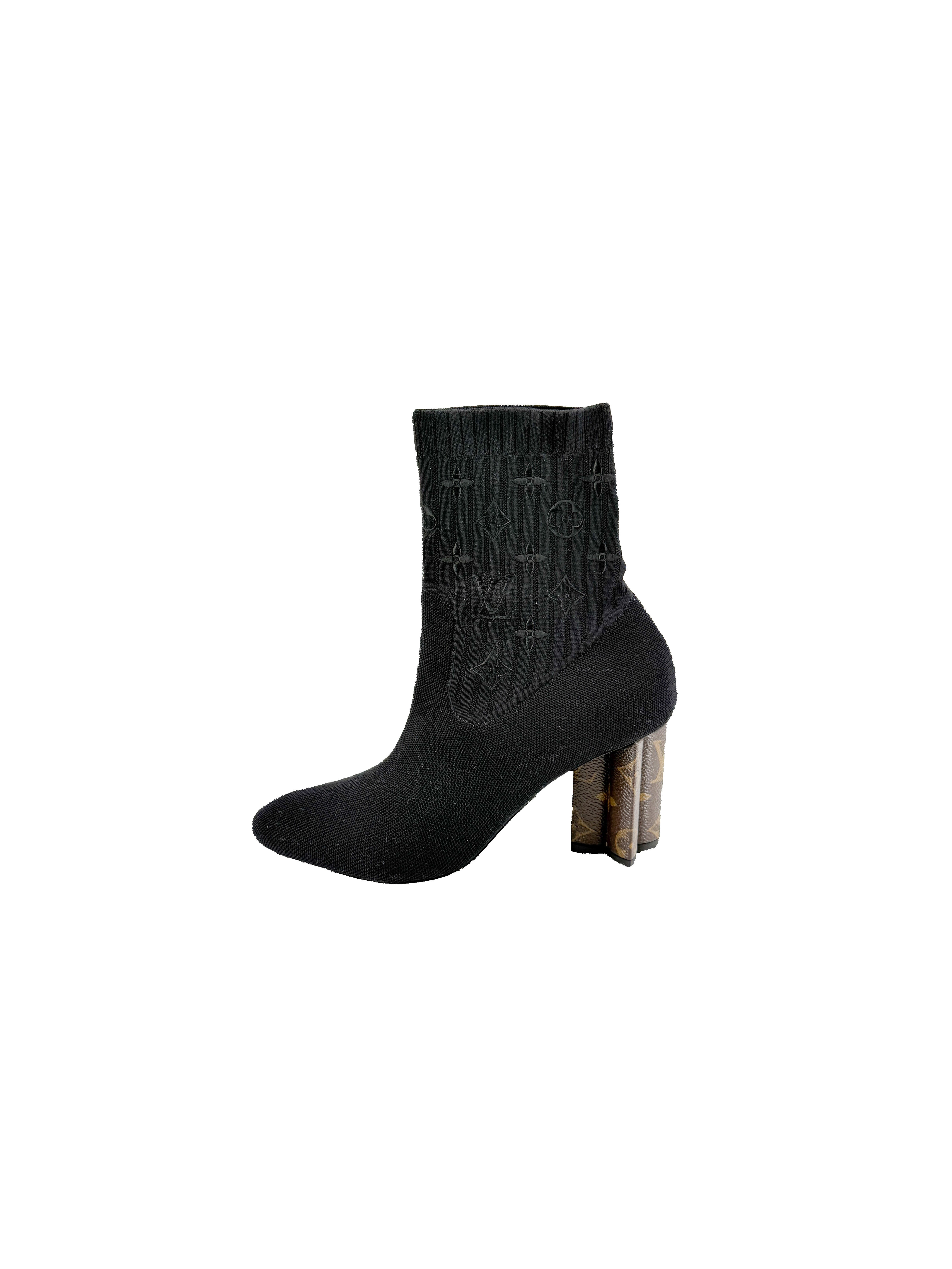 Louis Vuitton black monogram knit Silhouette ankle boots size 37.5 BOX *as is*